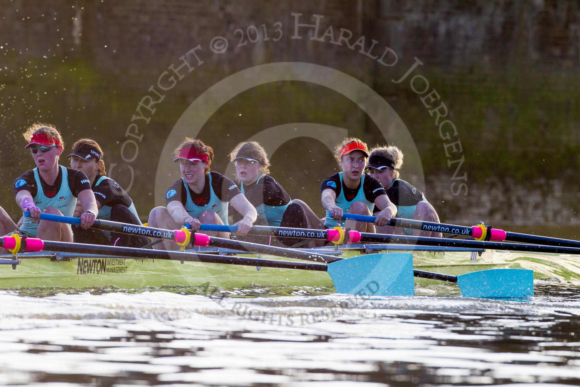 The Boat Race season 2014 - Women's Trial VIIIs(CUWBC, Cambridge): Nudge Nudge: 6 Kate Ashley, 5 Valentina Futoryanova, 4 Catherine Foot, 3 Hannah Evans, 2 Anouska Bartlett, Bow Lottie Meggitt..
River Thames between Putney Bridge and Mortlake,
London SW15,

United Kingdom,
on 19 December 2013 at 14:19, image #495