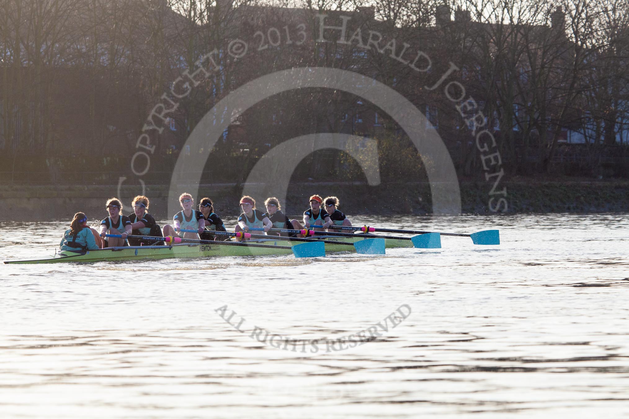 The Boat Race season 2014 - Women's Trial VIIIs(CUWBC, Cambridge): Nudge Nudge: Cox Esther Momcilovic, Stroke Holly Game,7 Izzy Vyvyan, 6 Kate Ashley, 5 Valentina Futoryanova, 4 Catherine Foot, 3 Hannah Evans, 2 Anouska Bartlett, Bow Lottie Meggitt..
River Thames between Putney Bridge and Mortlake,
London SW15,

United Kingdom,
on 19 December 2013 at 14:20, image #498