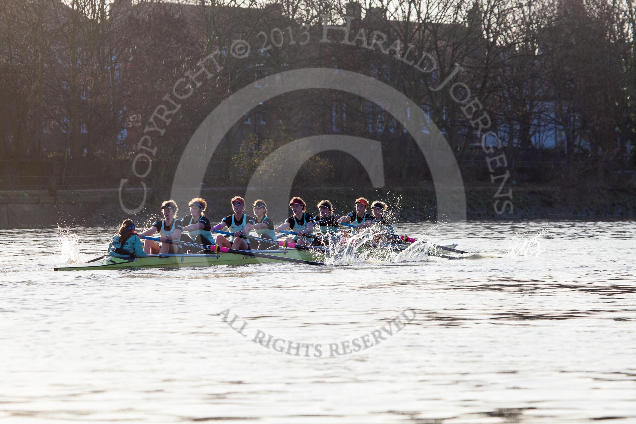 The Boat Race season 2014 - Women's Trial VIIIs(CUWBC, Cambridge): Nudge Nudge: Cox Esther Momcilovic, Stroke Holly Game,7 Izzy Vyvyan, 6 Kate Ashley, 5 Valentina Futoryanova, 4 Catherine Foot, 3 Hannah Evans, 2 Anouska Bartlett, Bow Lottie Meggitt..
River Thames between Putney Bridge and Mortlake,
London SW15,

United Kingdom,
on 19 December 2013 at 14:20, image #499