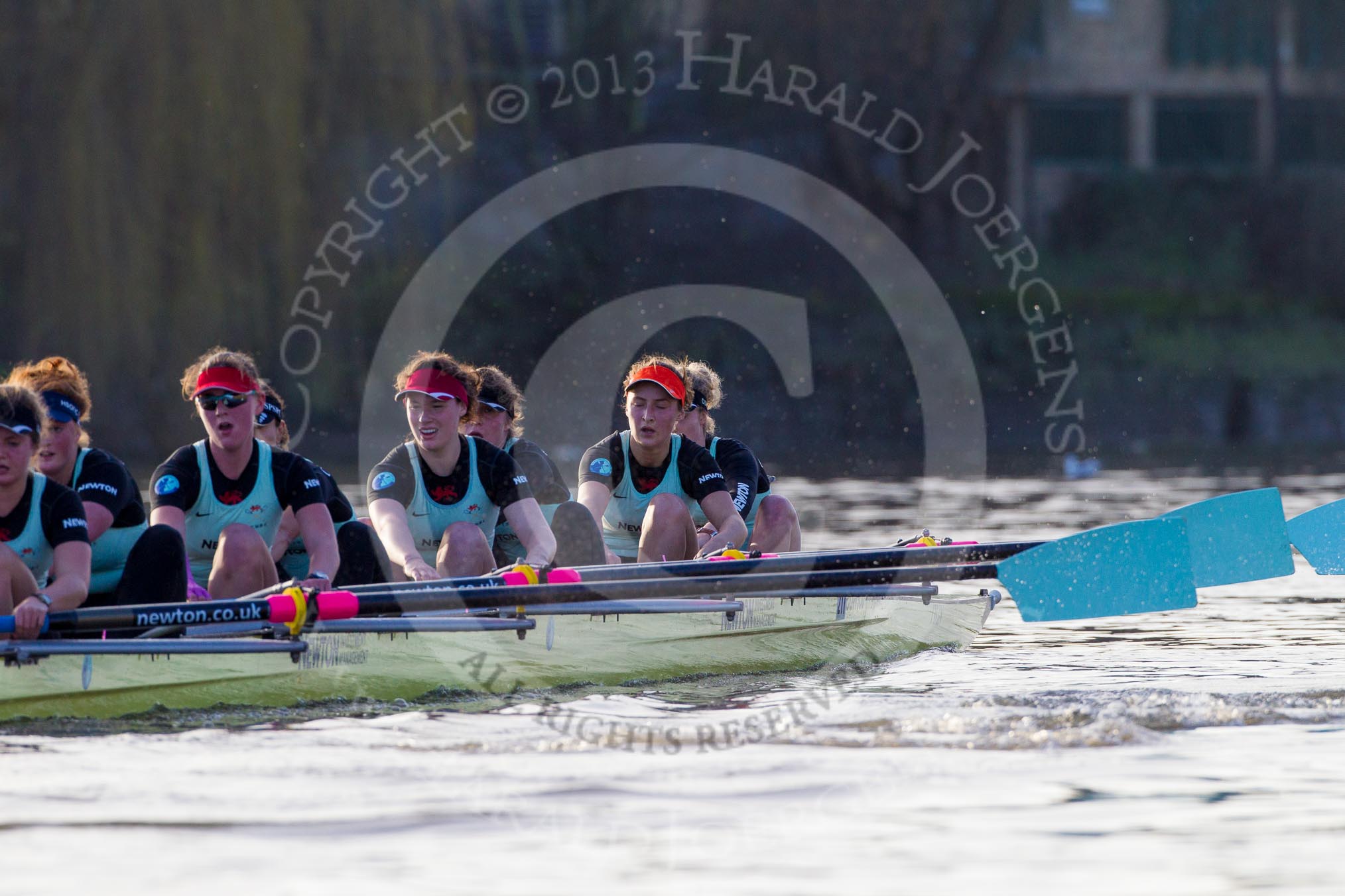 The Boat Race season 2014 - Women's Trial VIIIs(CUWBC, Cambridge): Nudge Nudge: 7 Izzy Vyvyan, 6 Kate Ashley, 5 Valentina Futoryanova, 4 Catherine Foot, 3 Hannah Evans, 2 Anouska Bartlett, Bow Lottie Meggitt..
River Thames between Putney Bridge and Mortlake,
London SW15,

United Kingdom,
on 19 December 2013 at 14:21, image #506