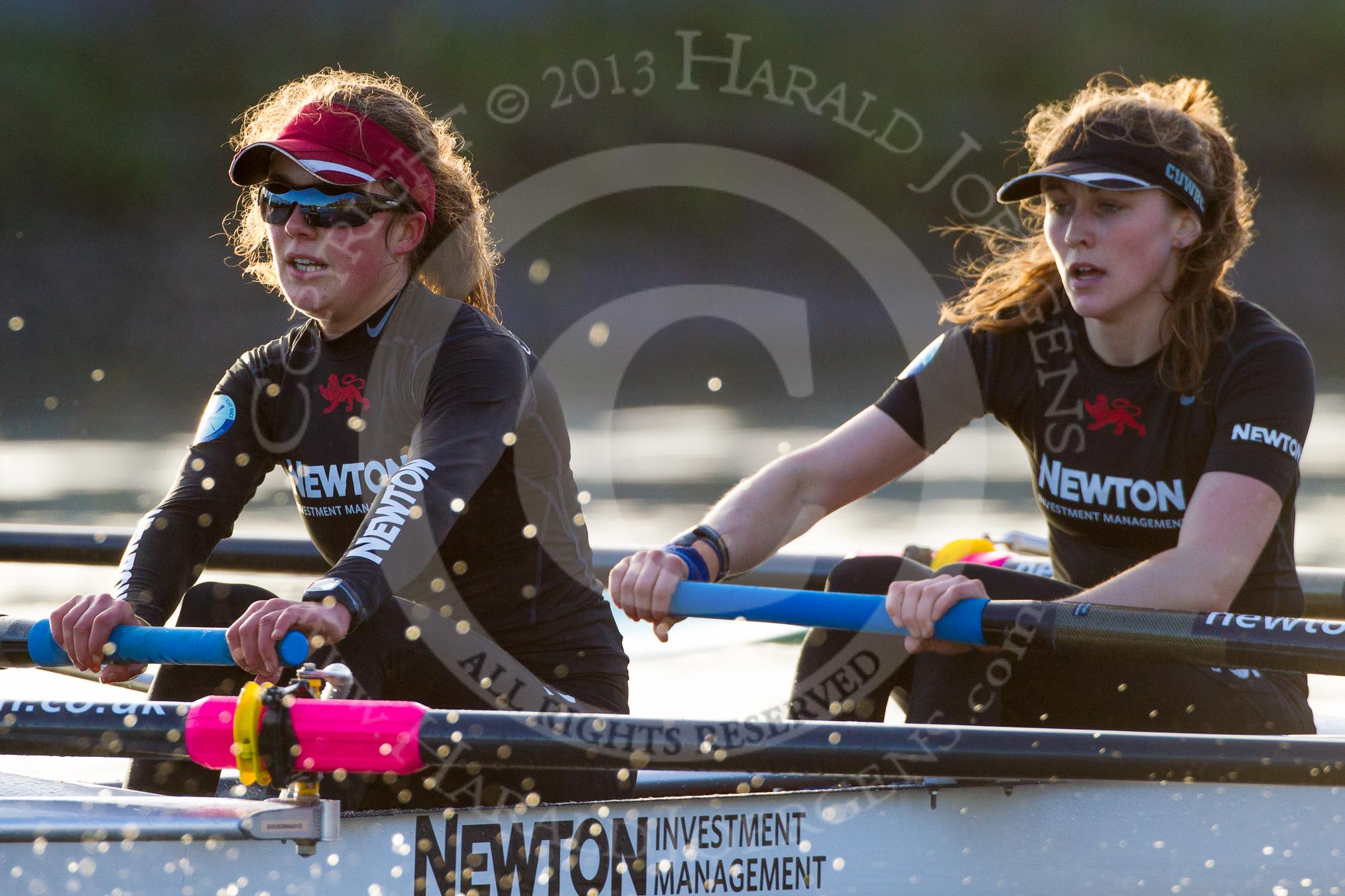 The Boat Race season 2014 - Women's Trial VIIIs(CUWBC, Cambridge): Wink Wink:  6 Fiona Macklin, 5 Caroline Reid..
River Thames between Putney Bridge and Mortlake,
London SW15,

United Kingdom,
on 19 December 2013 at 14:21, image #510