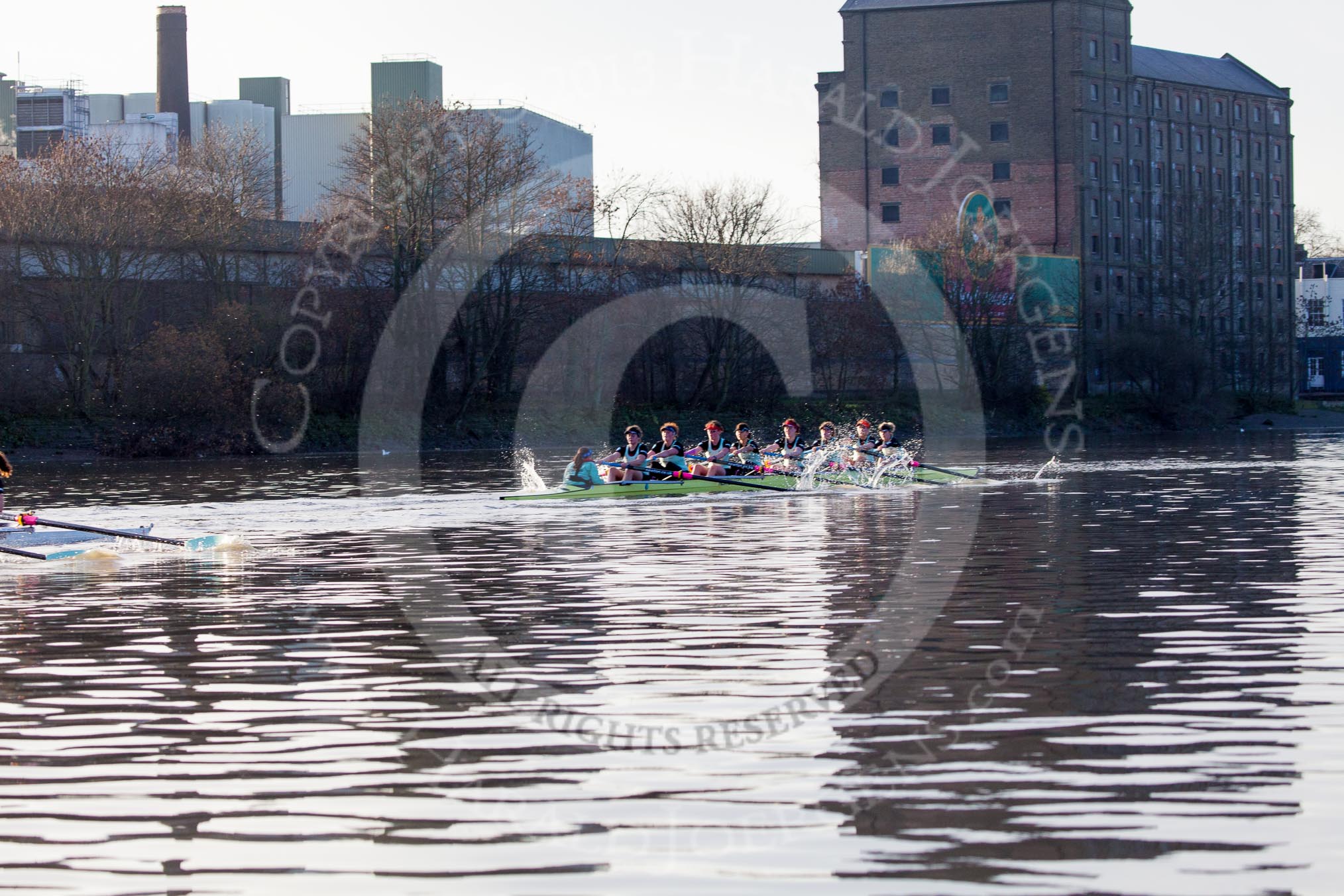 The Boat Race season 2014 - Women's Trial VIIIs(CUWBC, Cambridge): Nudge Nudge: Cox Esther Momcilovic, Stroke Holly Game,7 Izzy Vyvyan, 6 Kate Ashley, 5 Valentina Futoryanova, 4 Catherine Foot, 3 Hannah Evans, 2 Anouska Bartlett, Bow Lottie Meggitt..
River Thames between Putney Bridge and Mortlake,
London SW15,

United Kingdom,
on 19 December 2013 at 14:21, image #515