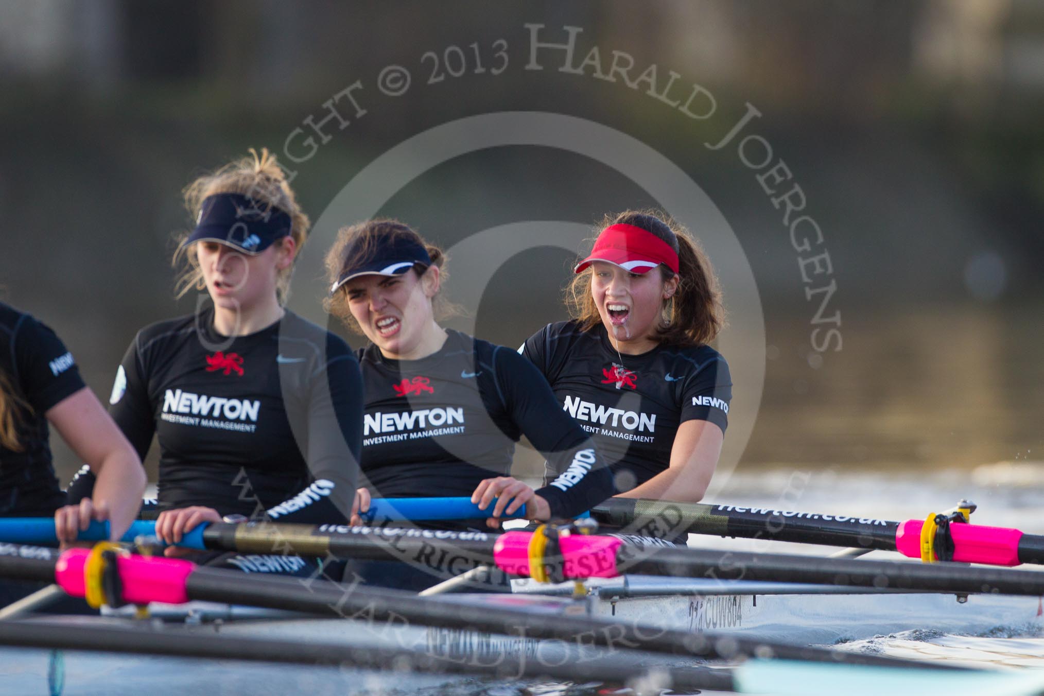 The Boat Race season 2014 - Women's Trial VIIIs(CUWBC, Cambridge): Wink Wink: 3 Hannah Roberts, 2 Sarah Crowther, Bow Ella Barnard..
River Thames between Putney Bridge and Mortlake,
London SW15,

United Kingdom,
on 19 December 2013 at 14:22, image #522