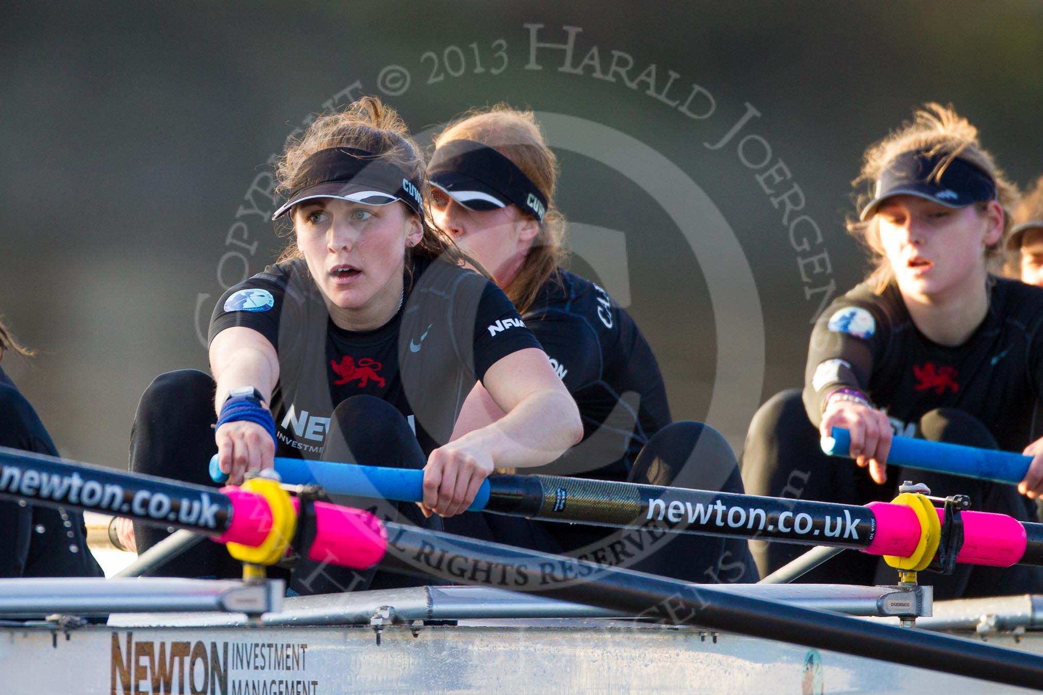 The Boat Race season 2014 - Women's Trial VIIIs(CUWBC, Cambridge): Wink Wink: 5 Caroline Reid, 4 Sara Lackner, 3 Hannah Roberts..
River Thames between Putney Bridge and Mortlake,
London SW15,

United Kingdom,
on 19 December 2013 at 14:23, image #524