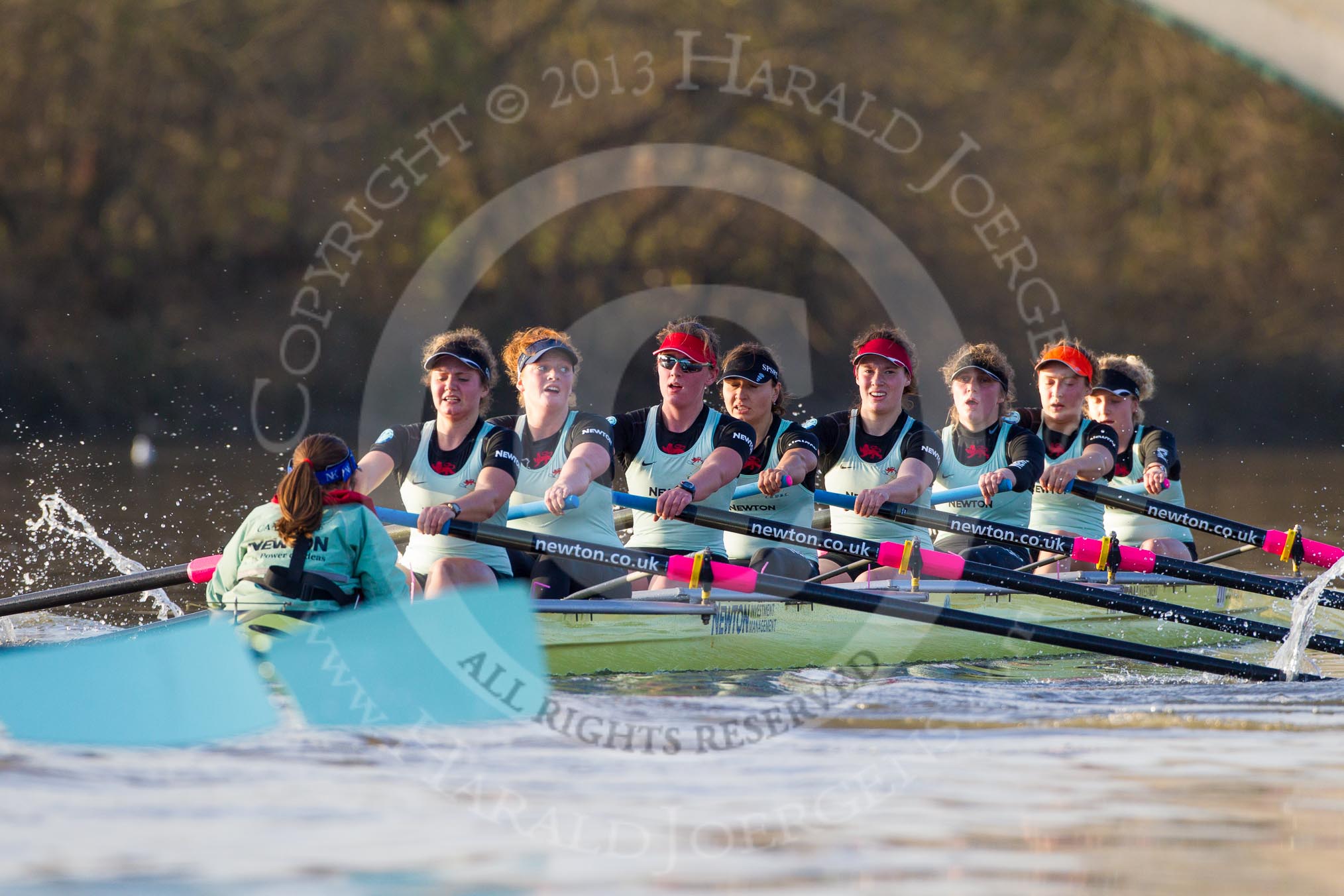 The Boat Race season 2014 - Women's Trial VIIIs(CUWBC, Cambridge): Nudge Nudge: Cox Esther Momcilovic, Stroke Holly Game,7 Izzy Vyvyan, 6 Kate Ashley, 5 Valentina Futoryanova, 4 Catherine Foot, 3 Hannah Evans, 2 Anouska Bartlett, Bow Lottie Meggitt..
River Thames between Putney Bridge and Mortlake,
London SW15,

United Kingdom,
on 19 December 2013 at 14:23, image #525