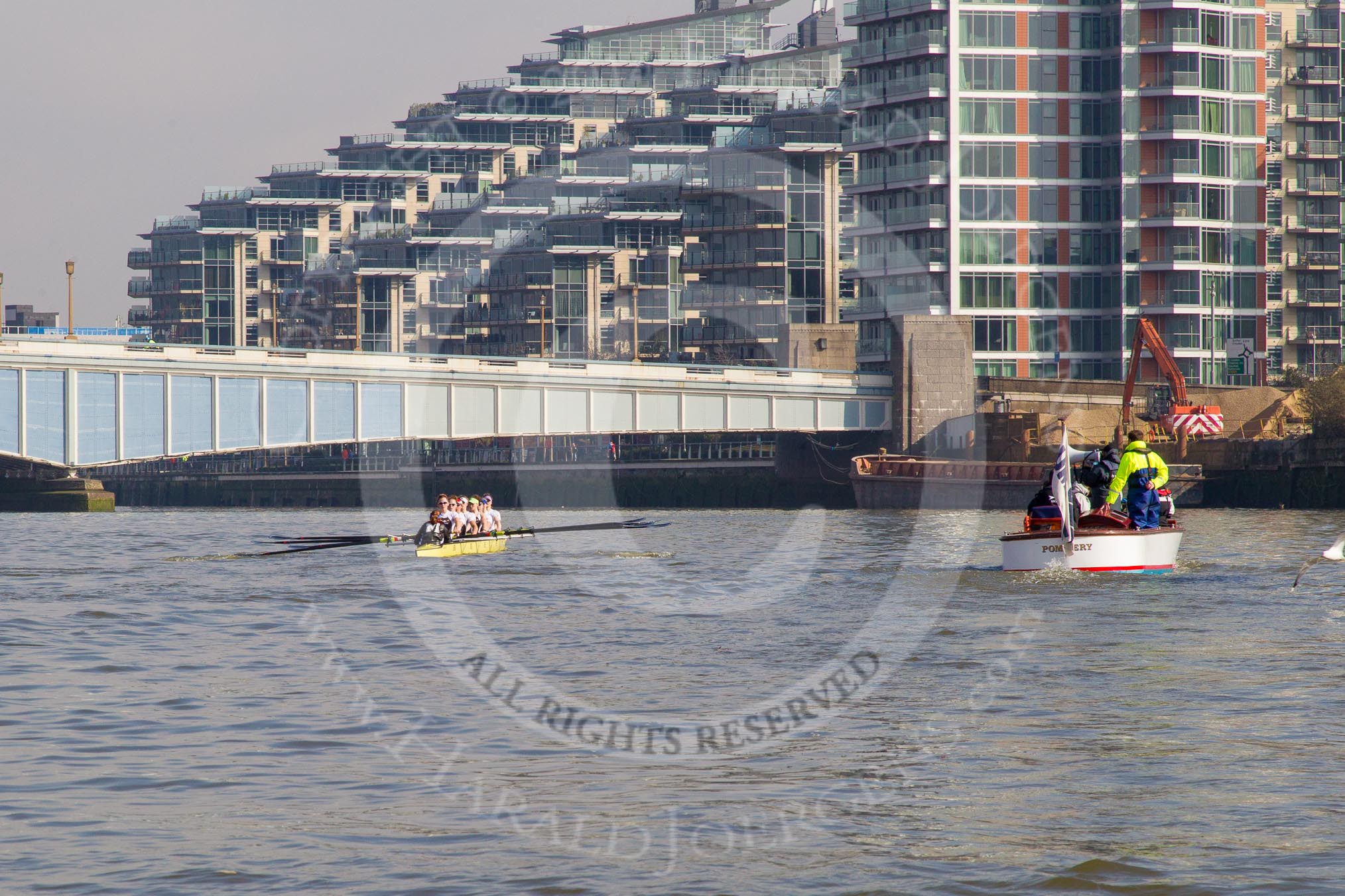 The Boat Race season 2014 - fixture OUWBC vs Molesey BC: The Molesey BC Eight on the Thames near Wandworth Bridge, with the Battersea Reach apartment blocks behind and the umpire launch on the right..




on 01 March 2014 at 12:24, image #27