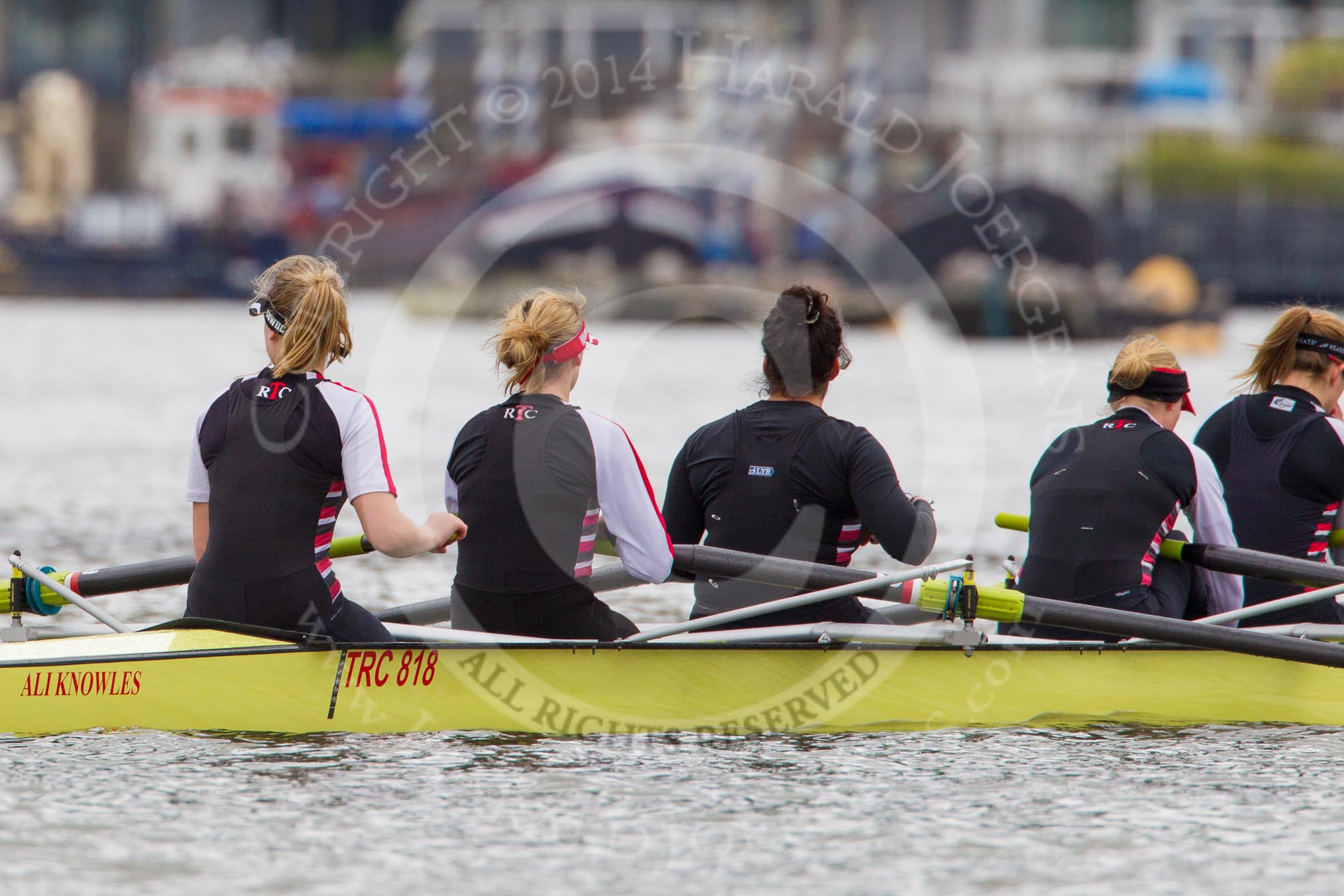 The Boat Race season 2014 - fixture CUWBC vs Thames RC: The Thames RC boat waiting for the start of the fixture near Wandsworth Pier - bow Jessica Denman, 2 Vicki Mortimor, 3 Jordan Cole-Hossain, 4 Helena Green, 5 Sarah Jones..




on 02 March 2014 at 13:07, image #24