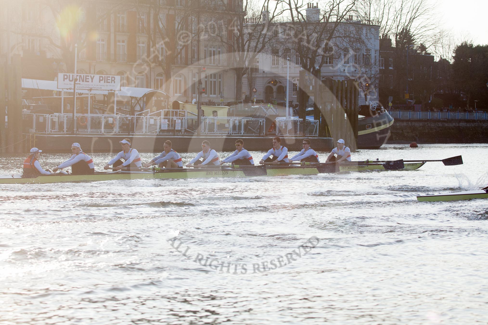 The Boat Race season 2014 - fixture OUBC vs German U23: The race is on - the German U23-boat, on the left, and the OUBC boat at Putney Pier..
River Thames between Putney Bridge and Chiswick Bridge,



on 08 March 2014 at 16:46, image #36