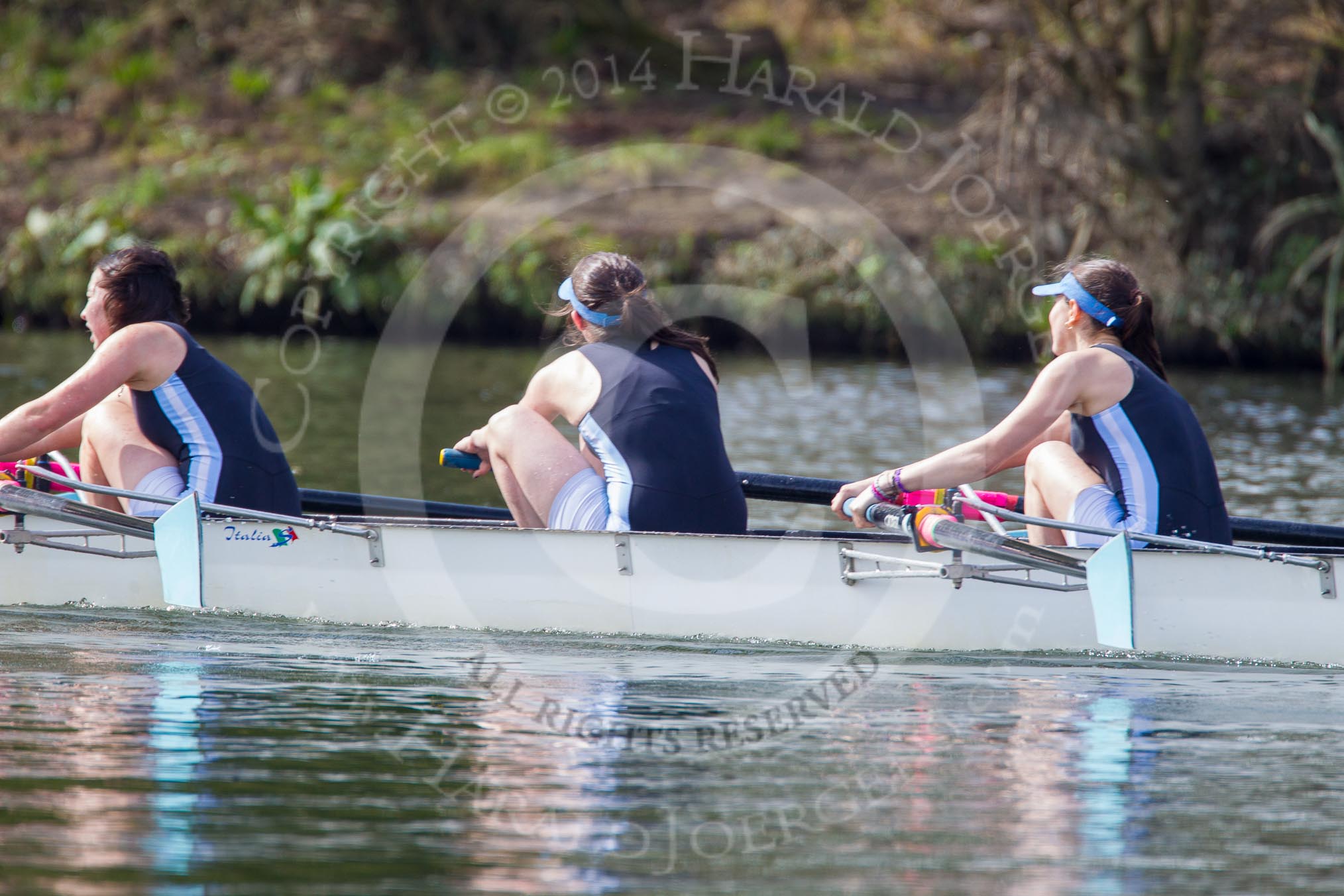 The Women's Boat Race and Henley Boat Races 2014: The Intercollegiate women's race. The Wadham College (Oxford) boat with 5 seat Canna Whyte, 4 Rachel Anderson and 3 Lia Orlando..
River Thames,
Henley-on-Thames,
Buckinghamshire,
United Kingdom,
on 30 March 2014 at 13:27, image #13