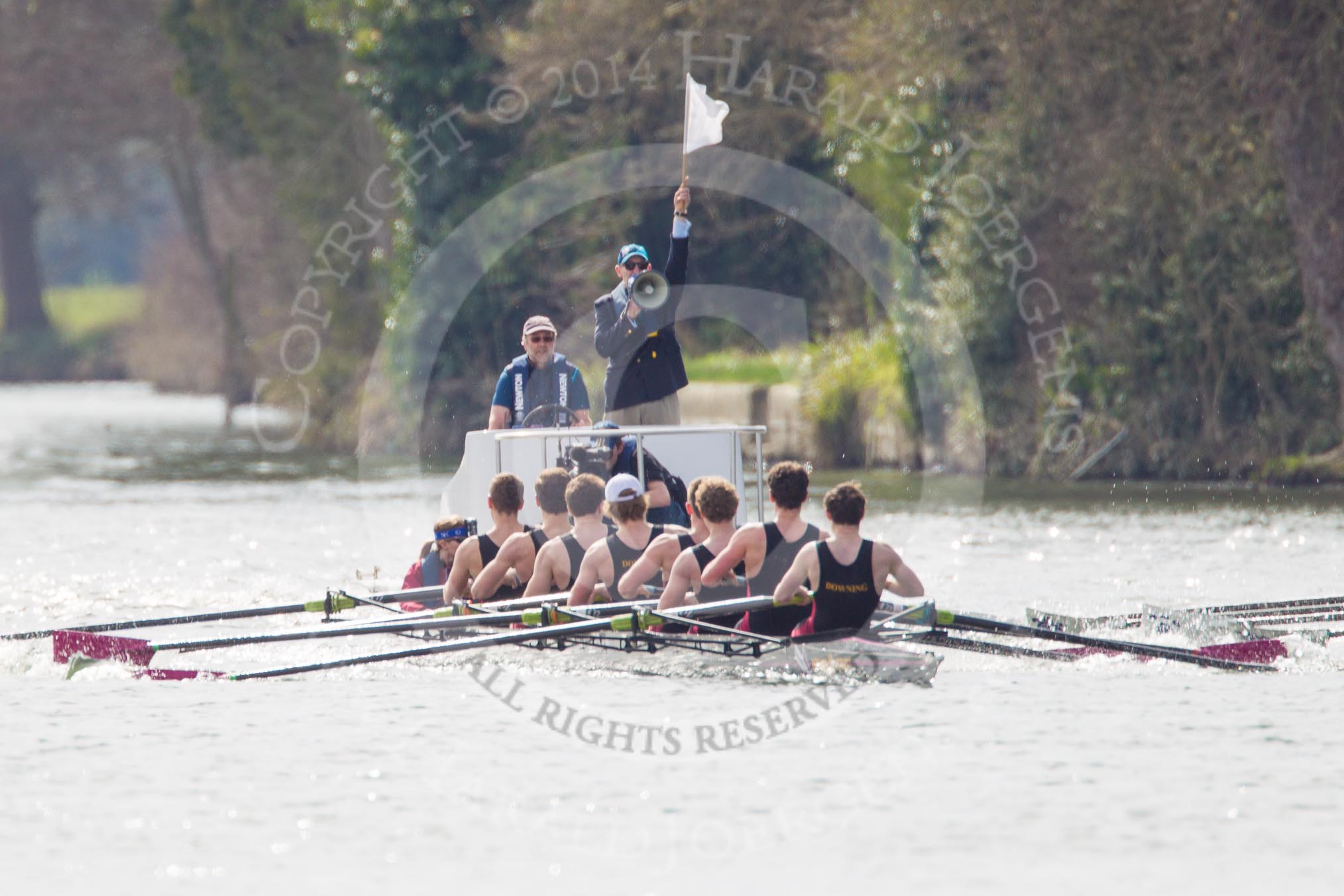 The Women's Boat Race and Henley Boat Races 2014: The Intercollegiate men's race. Oriel College (Oxford, on the very right) and Downing College (Cambridge) getting close enough for umpire Dave Hancock to intervene..
River Thames,
Henley-on-Thames,
Buckinghamshire,
United Kingdom,
on 30 March 2014 at 13:51, image #81