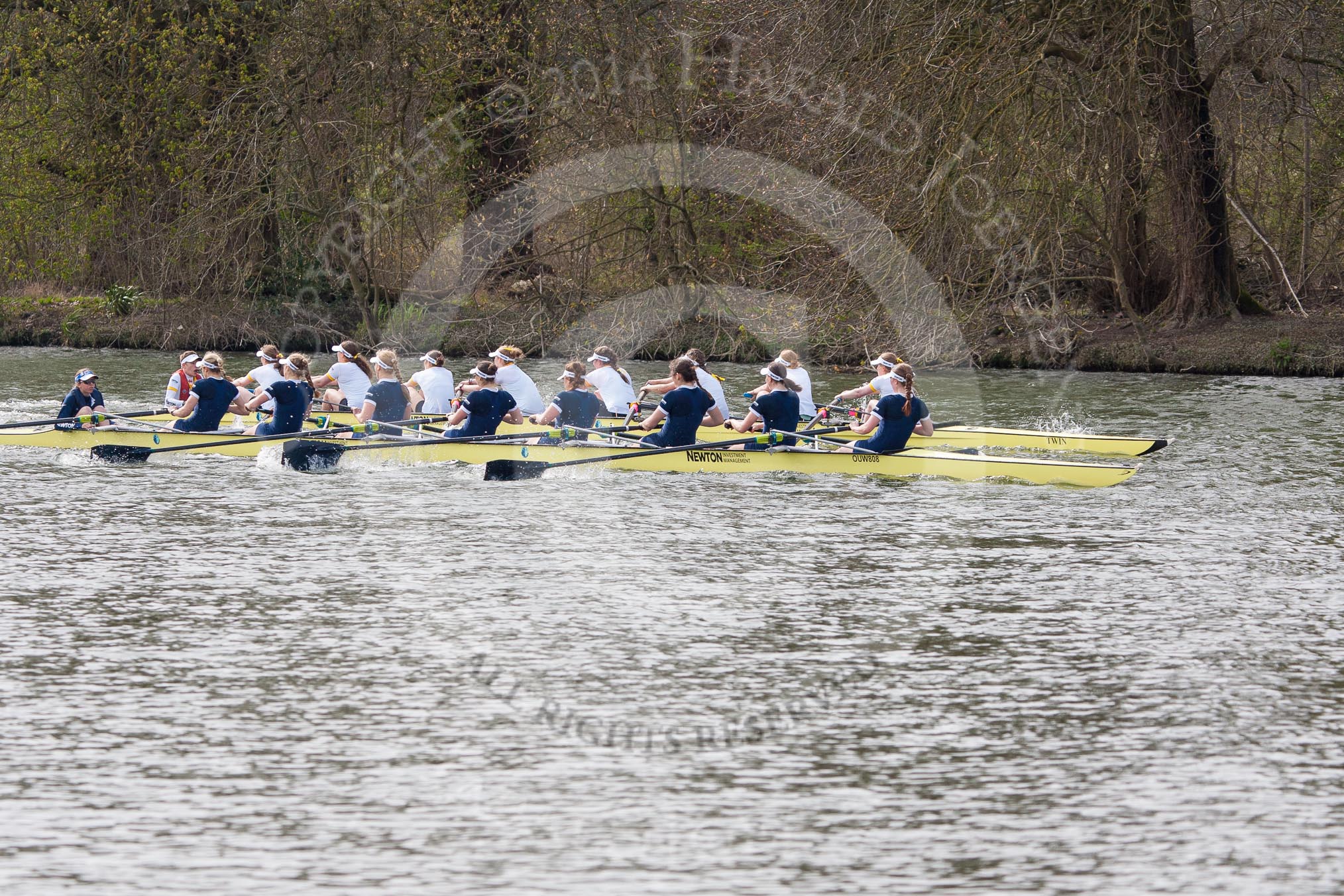 The Women's Boat Race and Henley Boat Races 2014: The Women's Reserves - Osiris v. Blondie race. Osiris (Oxford) on the left,  and Blondie (Cambridge) are quite close together again..
River Thames,
Henley-on-Thames,
Buckinghamshire,
United Kingdom,
on 30 March 2014 at 14:16, image #158