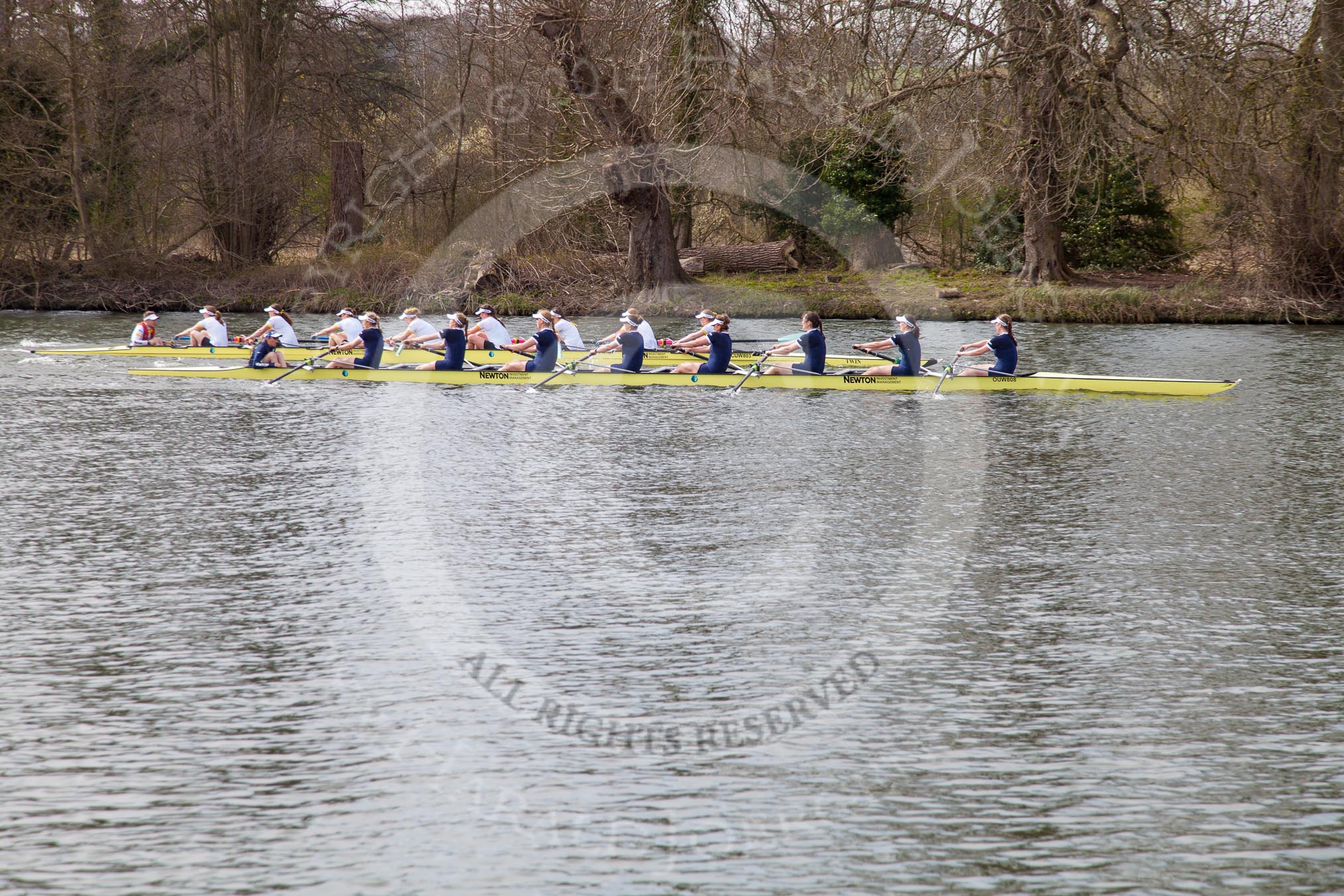 The Women's Boat Race and Henley Boat Races 2014: The Women's Reserves - Osiris v. Blondie race. Osiris (Oxford) on the left,  and Blondie (Cambridge) are quite close together again..
River Thames,
Henley-on-Thames,
Buckinghamshire,
United Kingdom,
on 30 March 2014 at 14:16, image #159