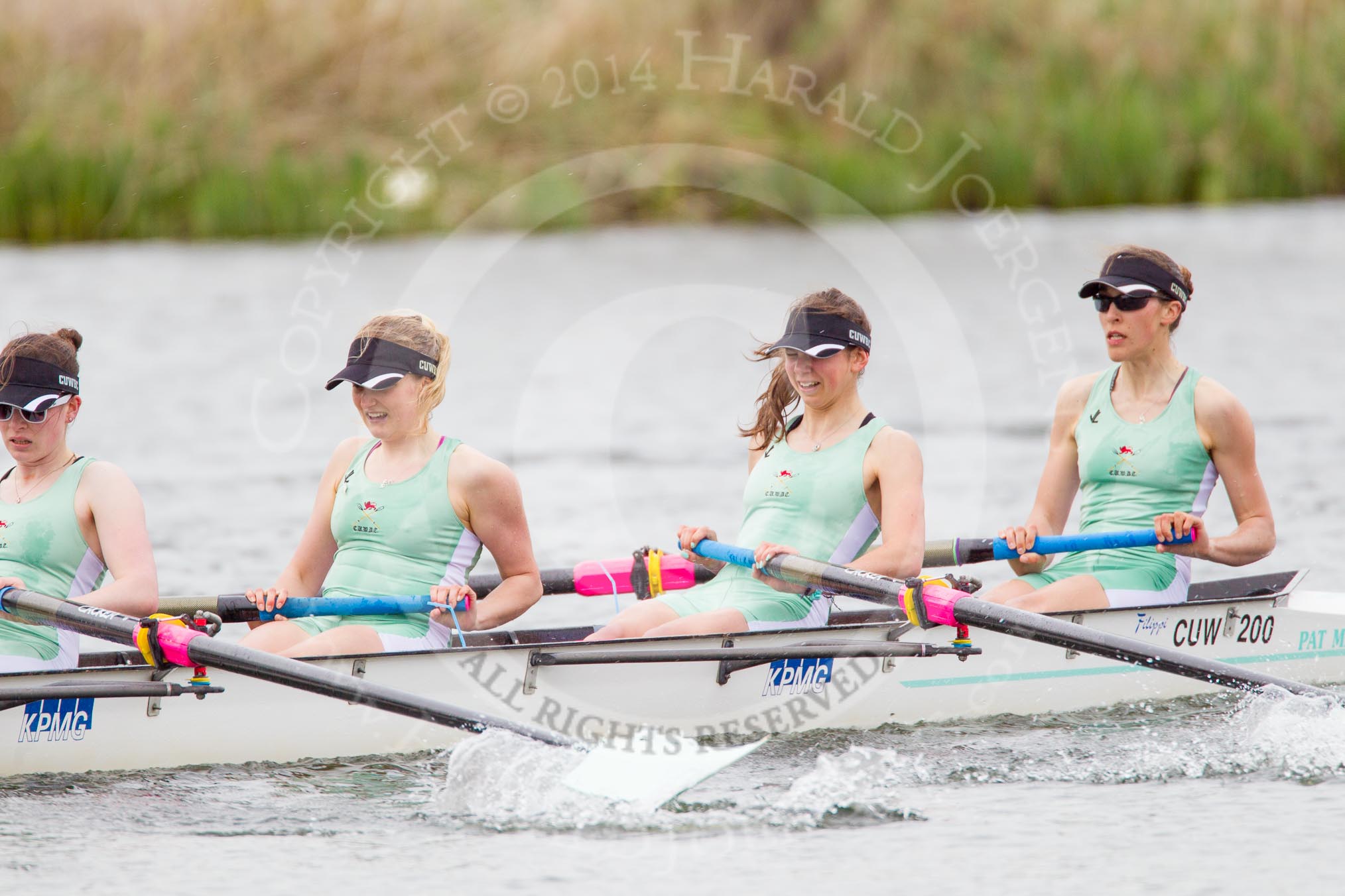 The Women's Boat Race and Henley Boat Races 2014: The CUWBC Lightweights boat with 4 Eve Edwards, 3 Lottie Meggit, 2 Christina Ostacchini, bow  Clare Hall..
River Thames,
Henley-on-Thames,
Buckinghamshire,
United Kingdom,
on 30 March 2014 at 14:49, image #236