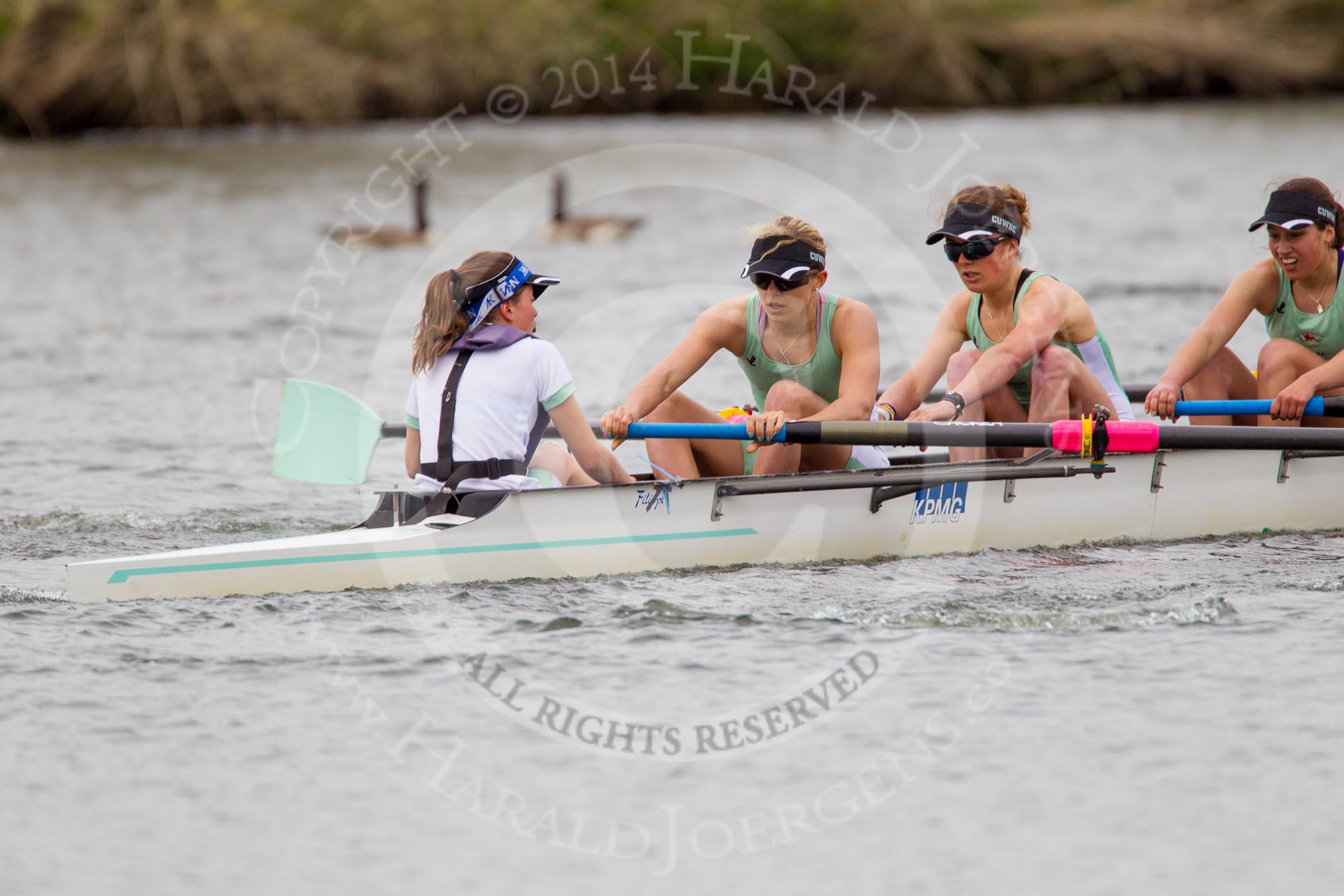 The Women's Boat Race and Henley Boat Races 2014: The CUWBC Lightweights boat with cox Priya Cosby, stroke Jilly Tovey, 7 Fiona Macklin, 6 Ella Barnard..
River Thames,
Henley-on-Thames,
Buckinghamshire,
United Kingdom,
on 30 March 2014 at 14:49, image #240