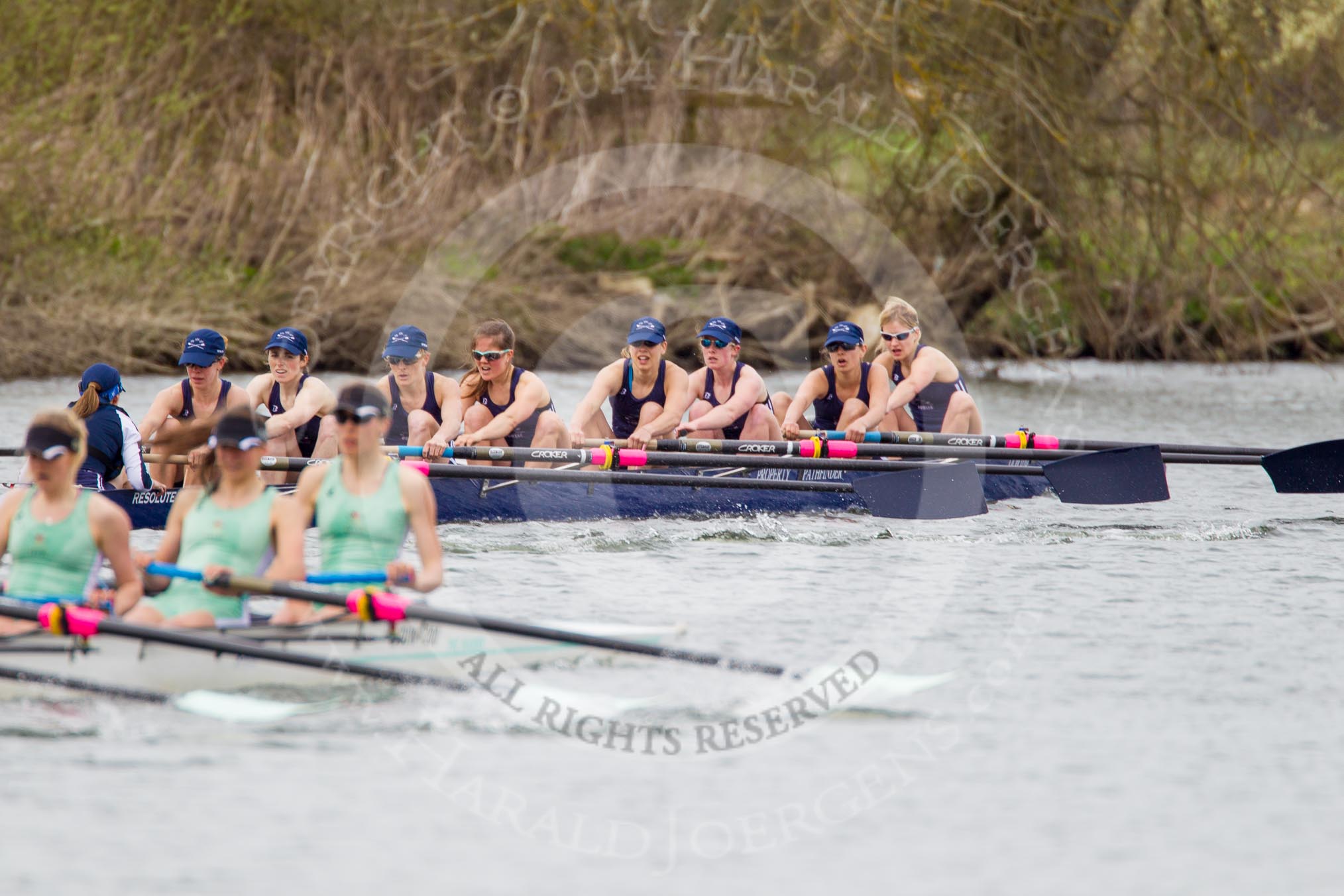 The Women's Boat Race and Henley Boat Races 2014: The Lightweight Women's Boat Race - OUWLRC are still in the lead, but the CUWBC Lightweights have reduced the distance..
River Thames,
Henley-on-Thames,
Buckinghamshire,
United Kingdom,
on 30 March 2014 at 14:49, image #241