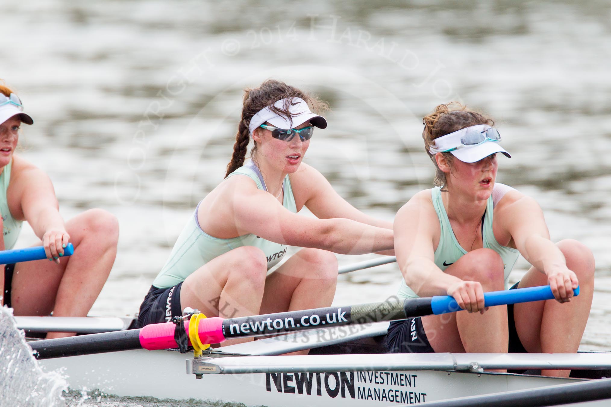 The Women's Boat Race and Henley Boat Races 2014: After  the Newton Women's Boat Race, the Cambridge crew is rowing back to Henley. Here, in the 5 seat, Catherine Foot, 6 Melissa Wilson, 7 Claire Watkins..
River Thames,
Henley-on-Thames,
Buckinghamshire,
United Kingdom,
on 30 March 2014 at 15:23, image #349