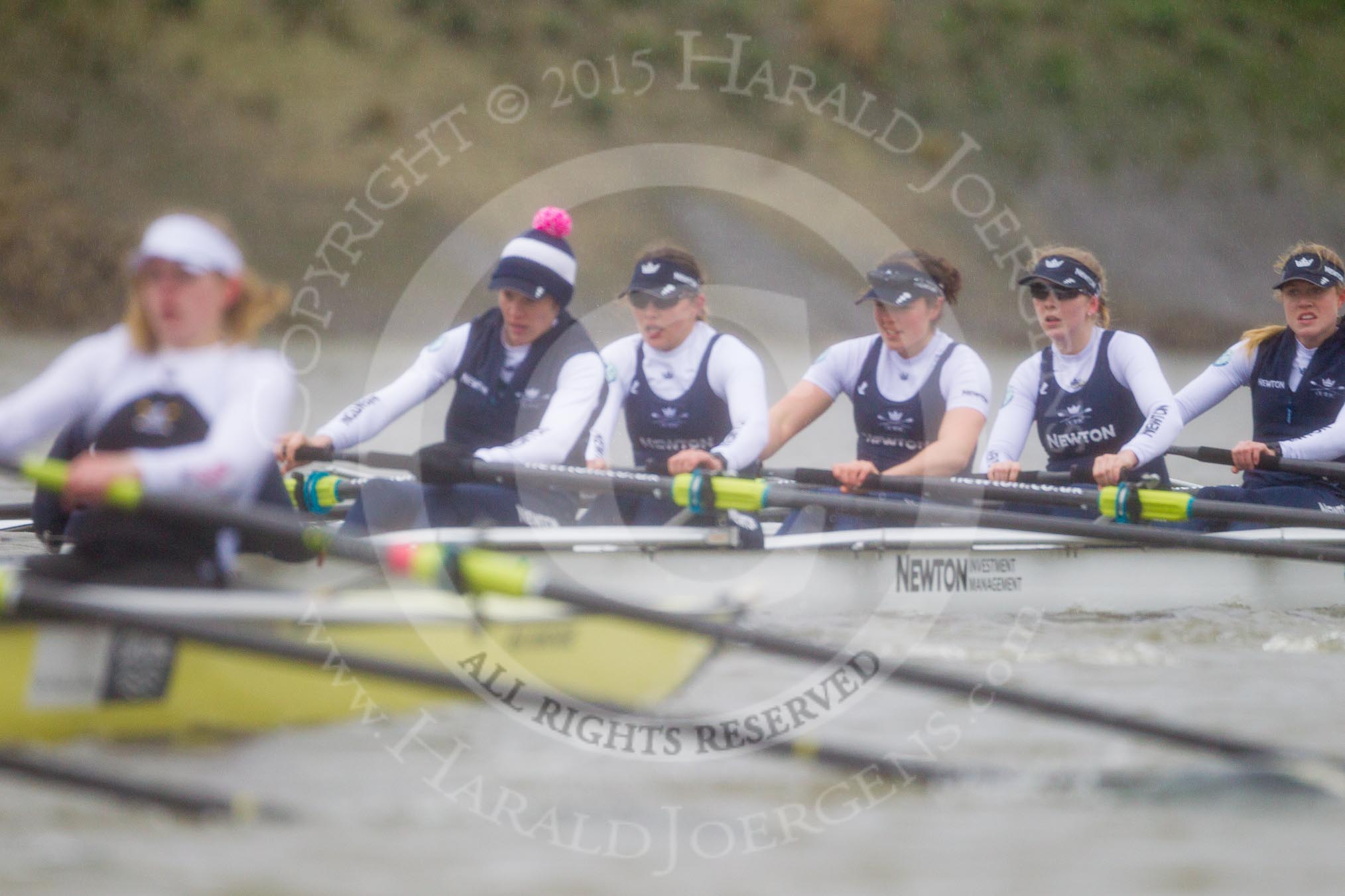 OUWBC during the third race - Caryn Davies, Nadine Gradel Iberg, Lauren Kedar, Amber De Vere, Emily Reynolds, with the Molesey BC Eight in the foreground