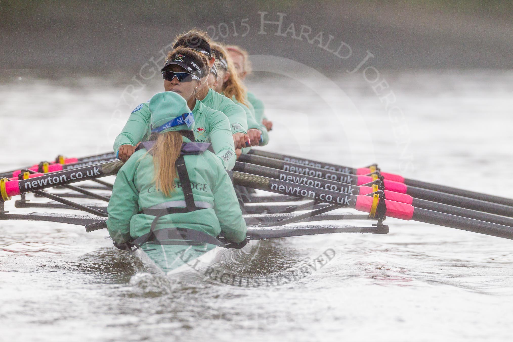 The Boat Race season 2016 - Women's Boat Race Trial Eights (CUWBC, Cambridge): Rear view of "Tideway" during the race, cox-Olivia Godwin, stroke-Daphne Martschenko, 7-Thea Zabell, 6-Alexandra Wood, 5-Lucy Pike, 4-Alice Jackson, 3-Rachel Elwood, 2-Evelyn Boettcher, bow-Kate Baker.
River Thames between Putney Bridge and Mortlake,
London SW15,

United Kingdom,
on 10 December 2015 at 11:05, image #55