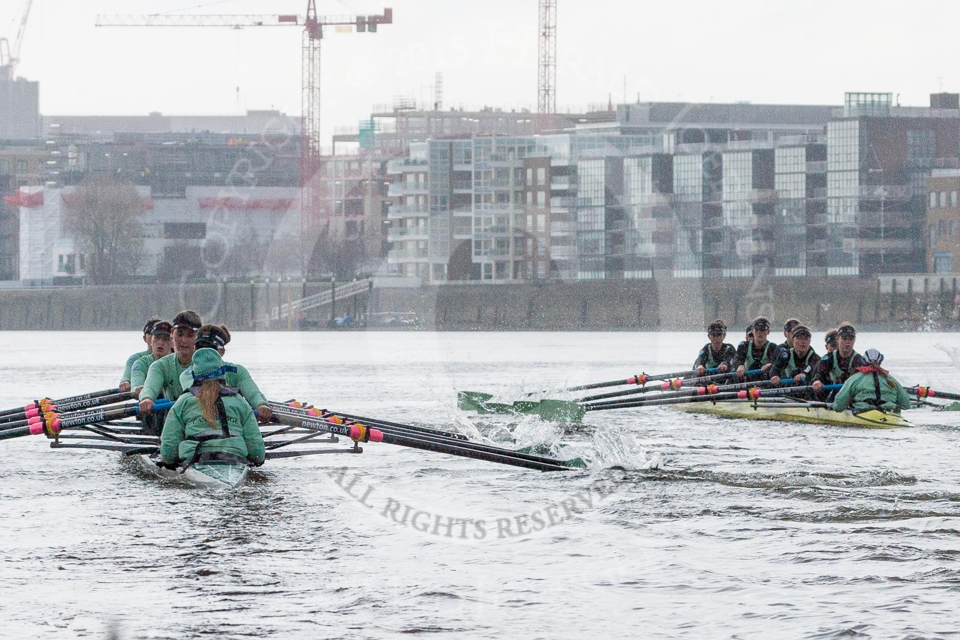 The Boat Race season 2016 - Women's Boat Race Trial Eights (CUWBC, Cambridge): "Tideway" and "Twickenham" racing near Fulham Reach.
River Thames between Putney Bridge and Mortlake,
London SW15,

United Kingdom,
on 10 December 2015 at 11:07, image #64