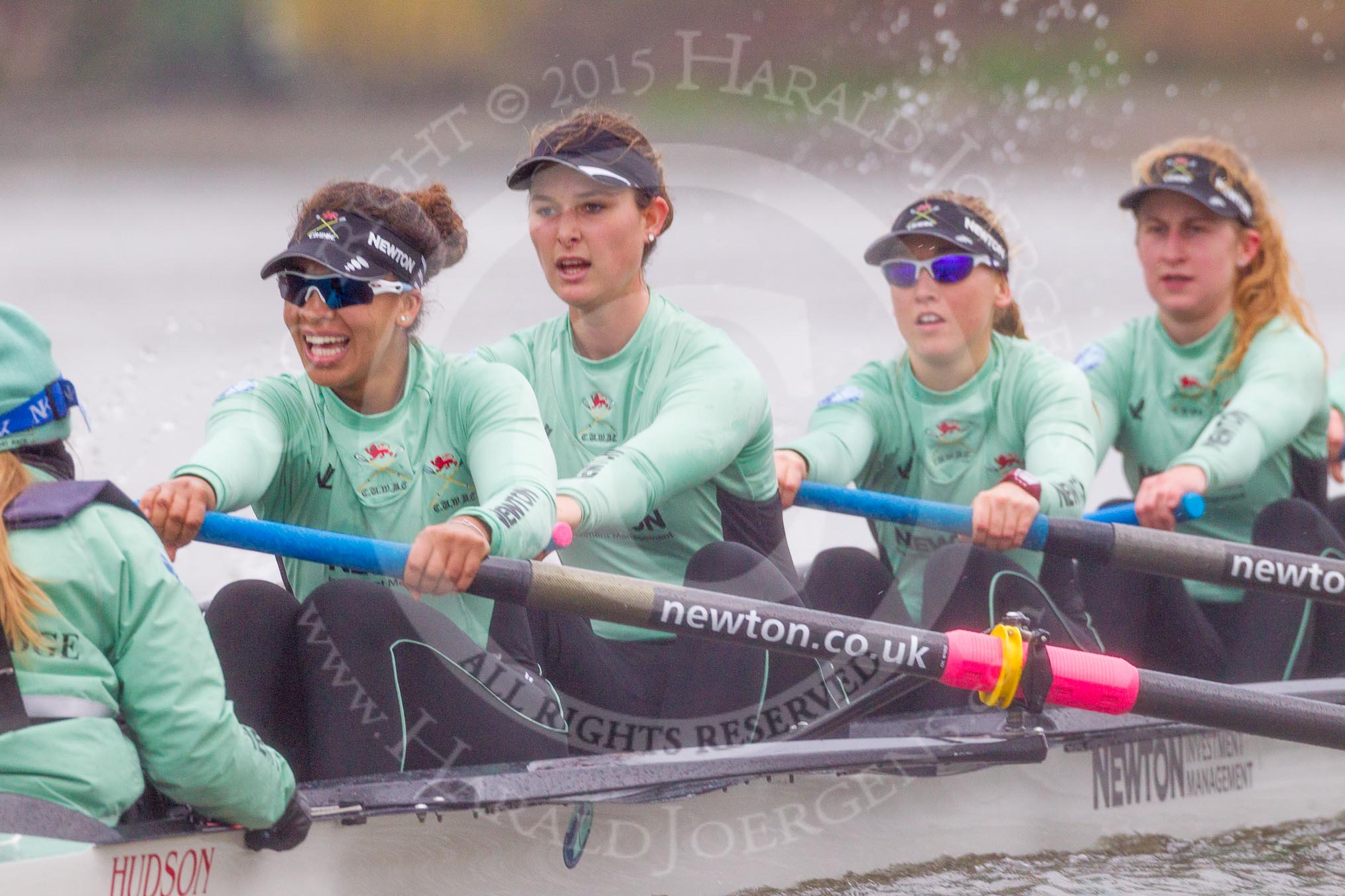 The Boat Race season 2016 - Women's Boat Race Trial Eights (CUWBC, Cambridge): "Tideway" with cox-Olivia Godwin, stroke-Daphne Martschenko, 7-Thea Zabell, 6-Alexandra Wood, 5-Lucy Pike.
River Thames between Putney Bridge and Mortlake,
London SW15,

United Kingdom,
on 10 December 2015 at 11:13, image #94