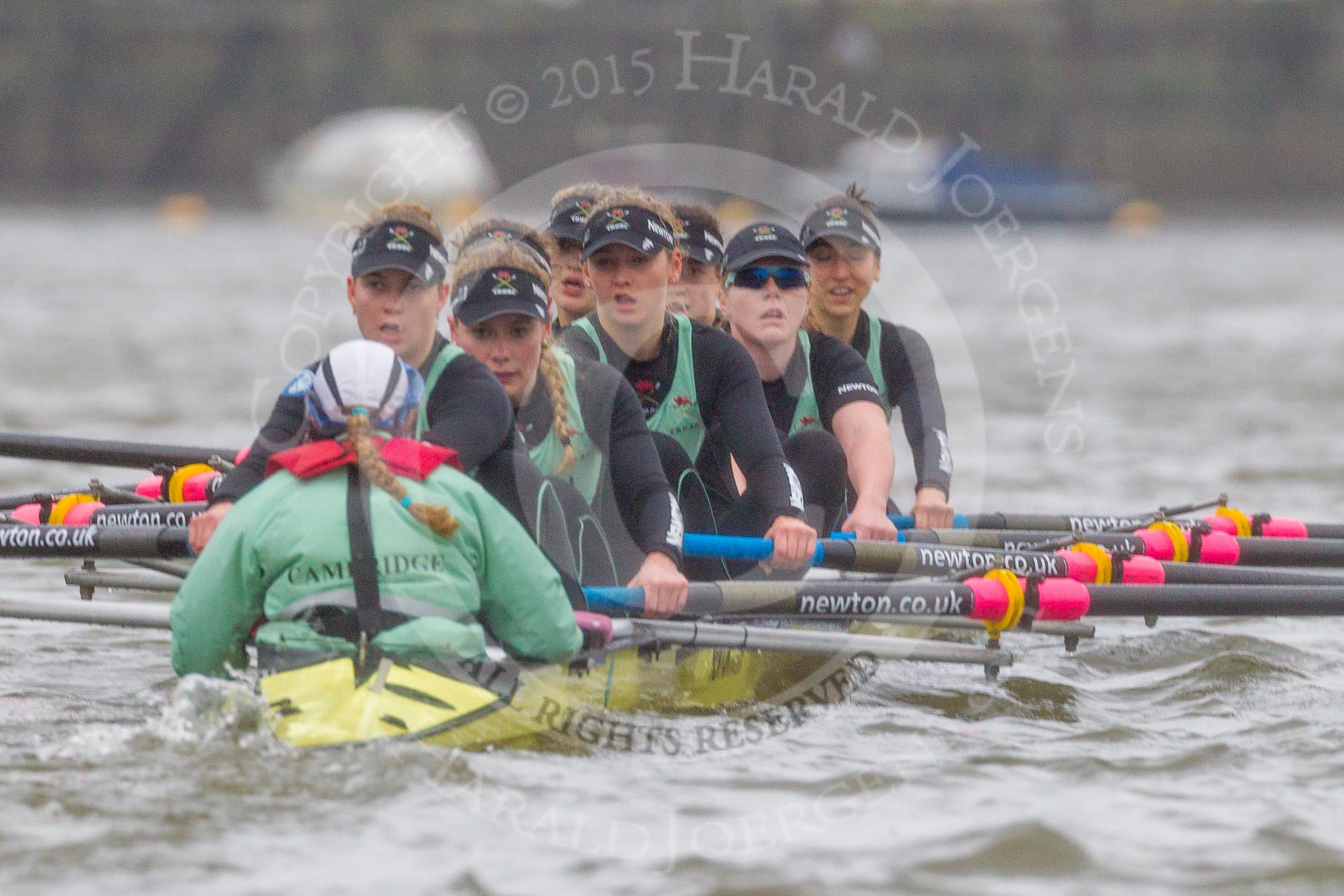 The Boat Race season 2016 - Women's Boat Race Trial Eights (CUWBC, Cambridge): "Twickenham" in the lead at the Surrey Bend, cox-Rosemary Ostfeld, stroke-Myriam Goudet, 7-Caroline Habjan, 6-Fiona Macklin, 5-Hannah Roberts, 4-Sarah Carlotti, 3-Ashton Brown, 2-Imogen Grant, bow-Dorottya Nagy.
River Thames between Putney Bridge and Mortlake,
London SW15,

United Kingdom,
on 10 December 2015 at 11:14, image #96