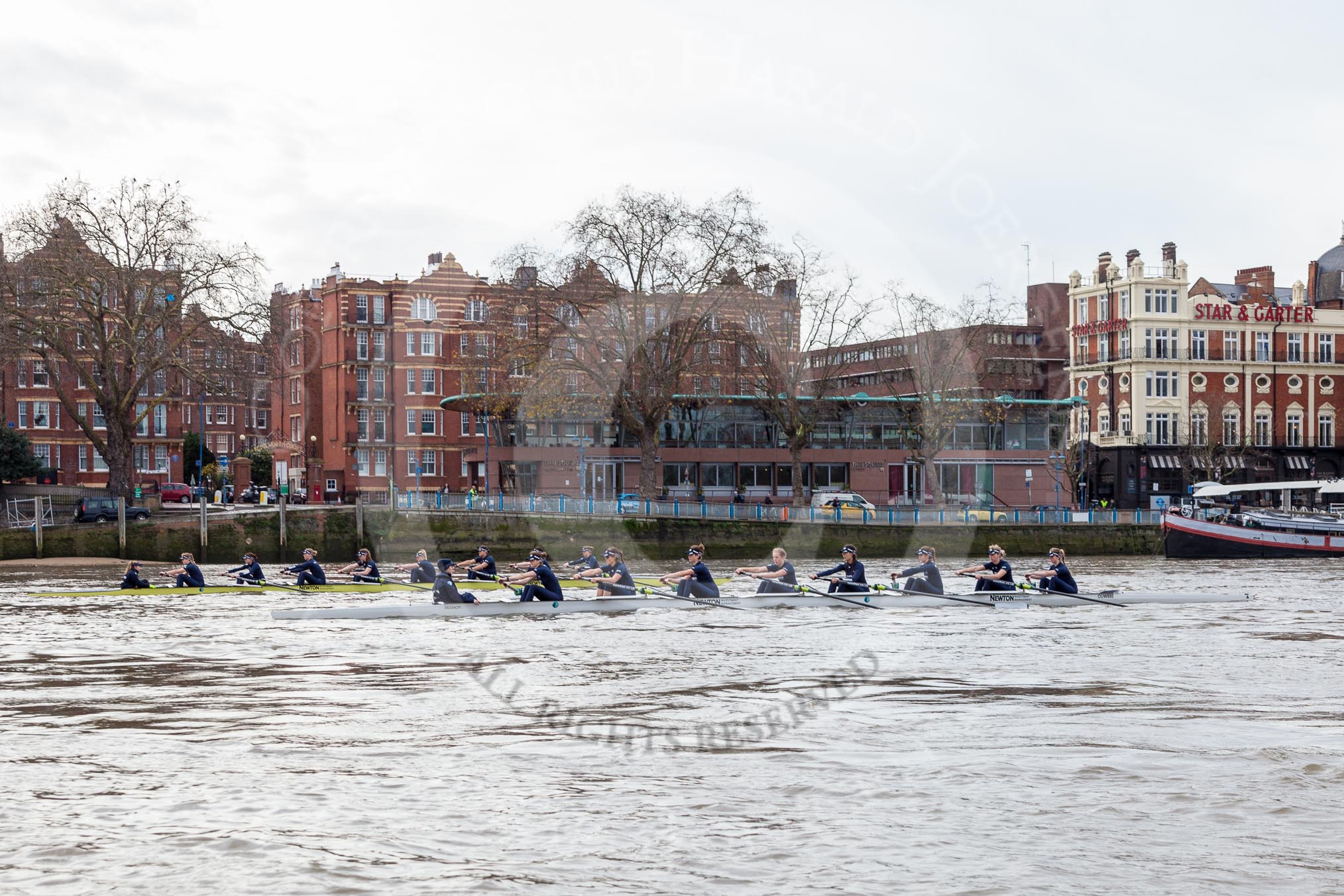 The Boat Race season 2016 - Women's Boat Race Trial Eights (OUWBC, Oxford): The start of the OUWBC race, "Charydis" is the yellow boat, "Scylla" the white one.
River Thames between Putney Bridge and Mortlake,
London SW15,

United Kingdom,
on 10 December 2015 at 12:18, image #138