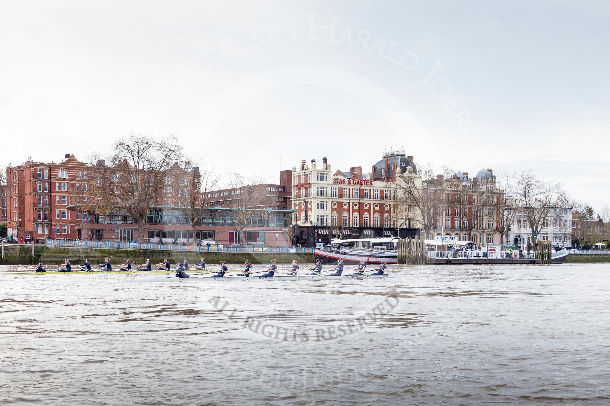 The Boat Race season 2016 - Women's Boat Race Trial Eights (OUWBC, Oxford): The start of the OUWBC race, "Charydis" is the yellow boat, "Scylla" the white one.
River Thames between Putney Bridge and Mortlake,
London SW15,

United Kingdom,
on 10 December 2015 at 12:18, image #139