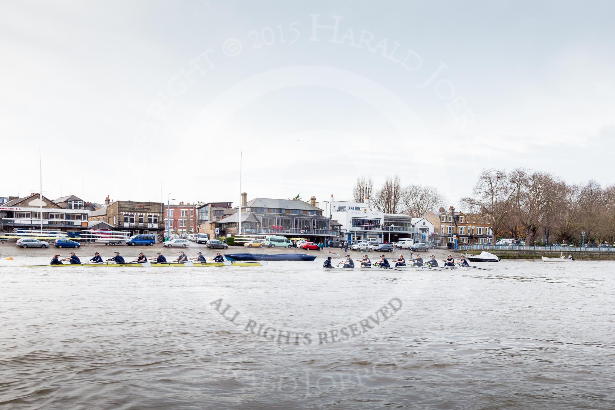 The Boat Race season 2016 - Women's Boat Race Trial Eights (OUWBC, Oxford): "Charybdis" and "Scylla" at the boathouses, with "Scylla" leading.
River Thames between Putney Bridge and Mortlake,
London SW15,

United Kingdom,
on 10 December 2015 at 12:19, image #160