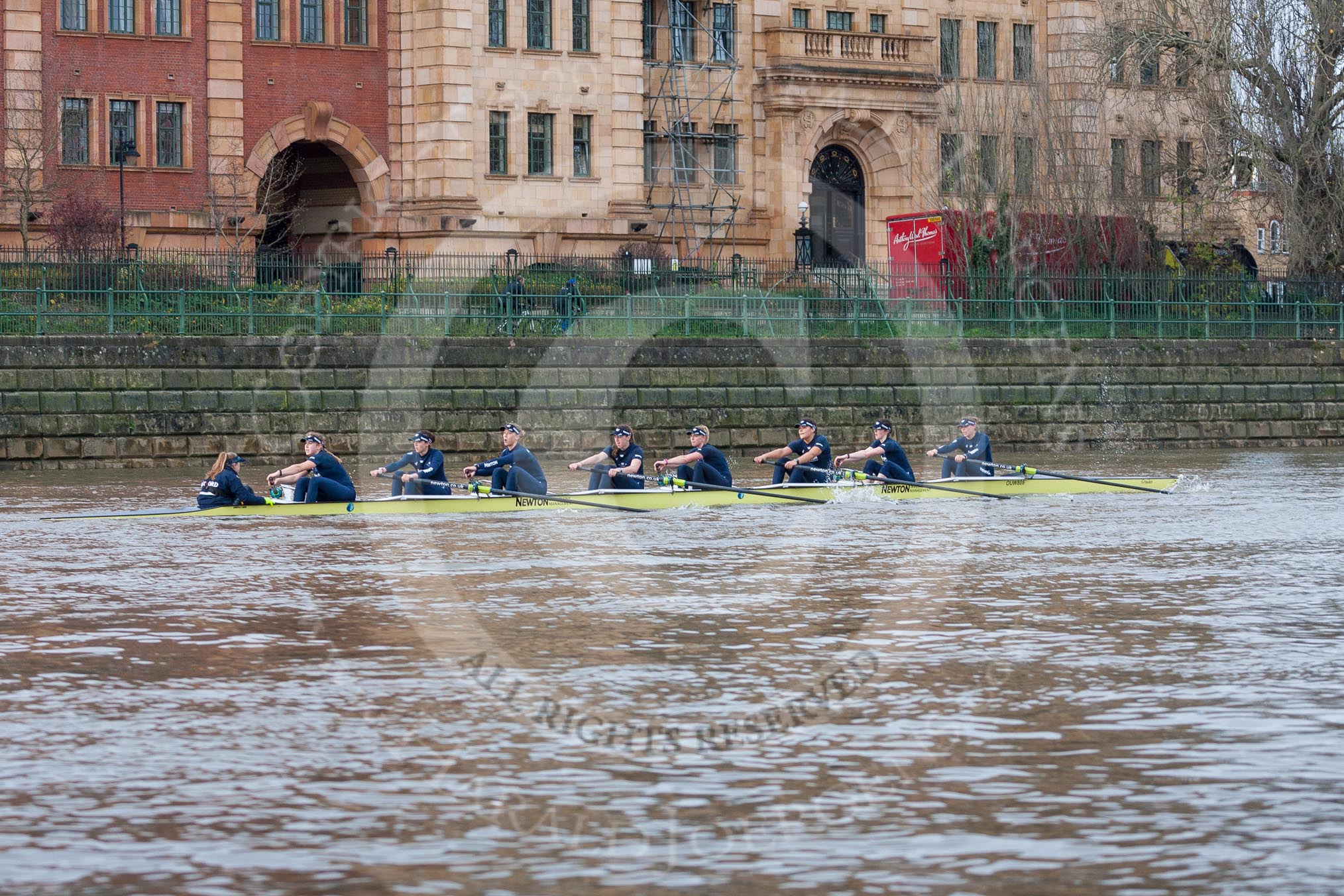 The Boat Race season 2016 - Women's Boat Race Trial Eights (OUWBC, Oxford): "Charybdis" at the Harrods Depository, Cox-Morgan Baynham-Williams, stroke-Kate Erickson, 7-Maddy Badcott, 6-Elo Luik, 5-Ruth Siddorn, 4-Emma Spruce, 3-Lara Pysden, 2-Christina Fleischer, bow-Georgie Daniell.
River Thames between Putney Bridge and Mortlake,
London SW15,

United Kingdom,
on 10 December 2015 at 12:24, image #202