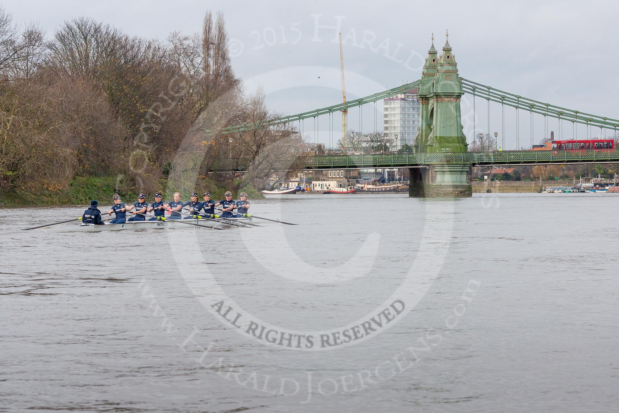 The Boat Race season 2016 - Women's Boat Race Trial Eights (OUWBC, Oxford): "Scylla", approaching Hammersmith Bridge, cox-Antonia Stutter, stroke-Emma Lukasiewicz, 7-Lauren Kedar, 6-Joanne Jansen, 5-Anastasia Chitty, 4-Rebecca Te Water Naude, 3-Elettra Ardissino, 2-Merel Lefferts, bow-Issy Dodds.
River Thames between Putney Bridge and Mortlake,
London SW15,

United Kingdom,
on 10 December 2015 at 12:24, image #203