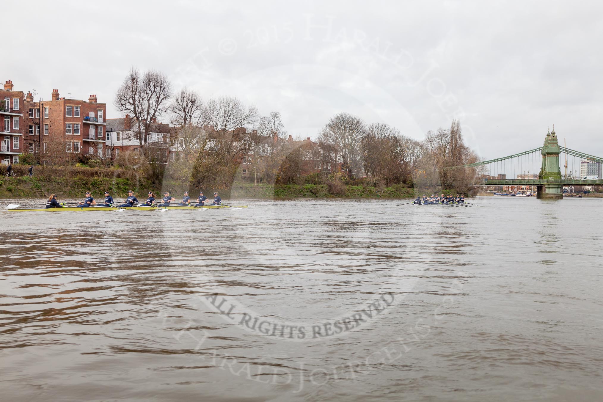 The Boat Race season 2016 - Women's Boat Race Trial Eights (OUWBC, Oxford): "Charybdis" and "Scylla" approaching Hammersmith Bridge, "Scylla" is leading by several length.
River Thames between Putney Bridge and Mortlake,
London SW15,

United Kingdom,
on 10 December 2015 at 12:25, image #204