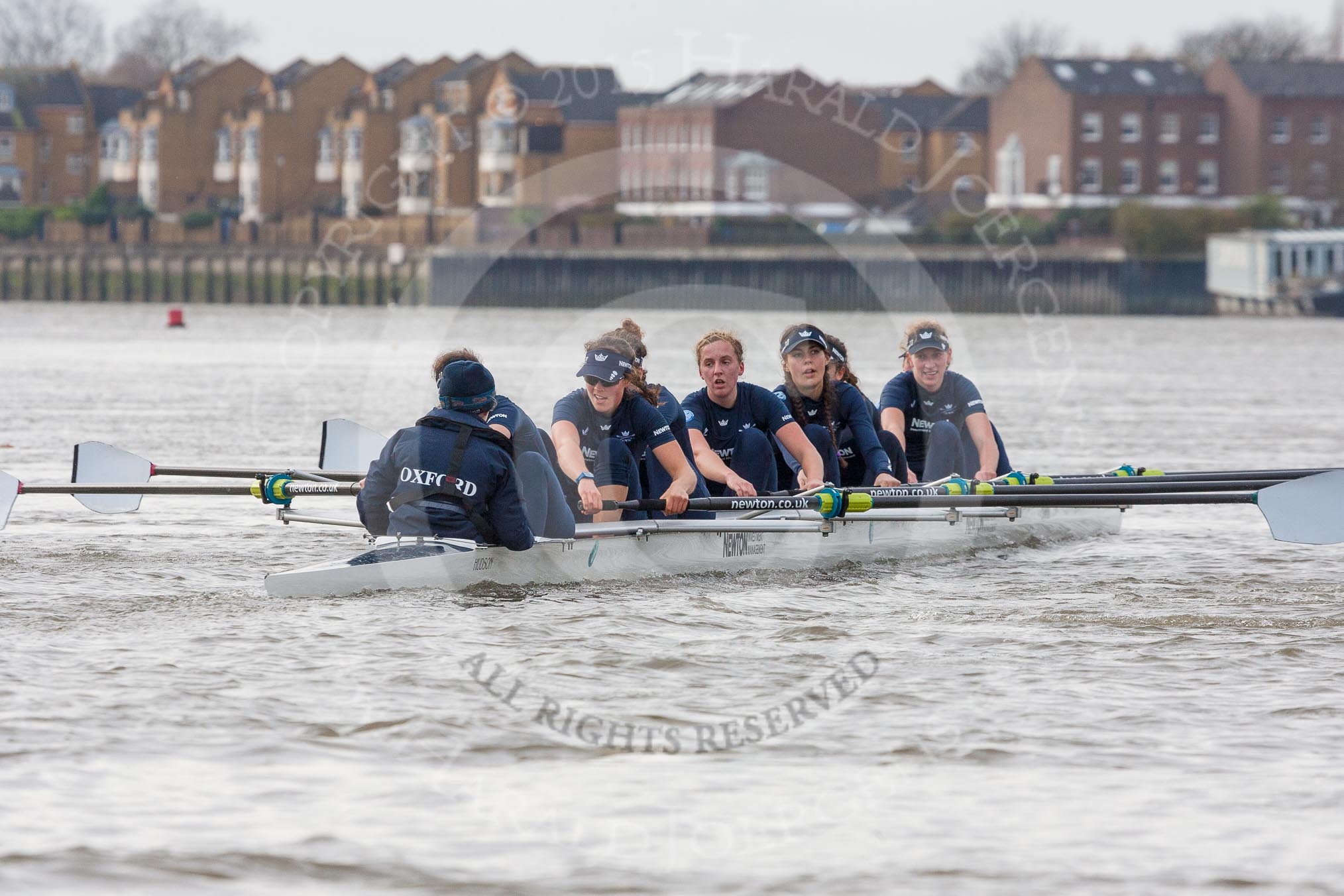 The Boat Race season 2016 - Women's Boat Race Trial Eights (OUWBC, Oxford): "Scylla" at the Surrey Bend, cox-Antonia Stutter, stroke-Emma Lukasiewicz, 7-Lauren Kedar, 6-Joanne Jansen, 5-Anastasia Chitty, 4-Rebecca Te Water Naude, 3-Elettra Ardissino, 2-Merel Lefferts, bow-Issy Dodds.
River Thames between Putney Bridge and Mortlake,
London SW15,

United Kingdom,
on 10 December 2015 at 12:27, image #227