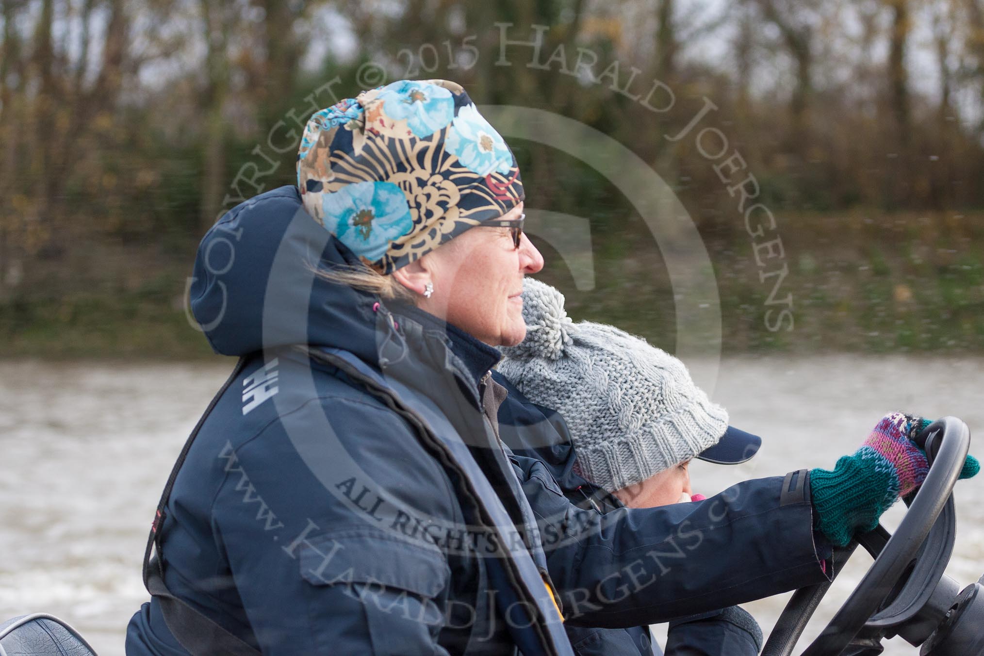 The Boat Race season 2016 - Women's Boat Race Trial Eights (OUWBC, Oxford): OUWBC Head Coach Christine Wilson following the race in the tin boat.
River Thames between Putney Bridge and Mortlake,
London SW15,

United Kingdom,
on 10 December 2015 at 12:30, image #262