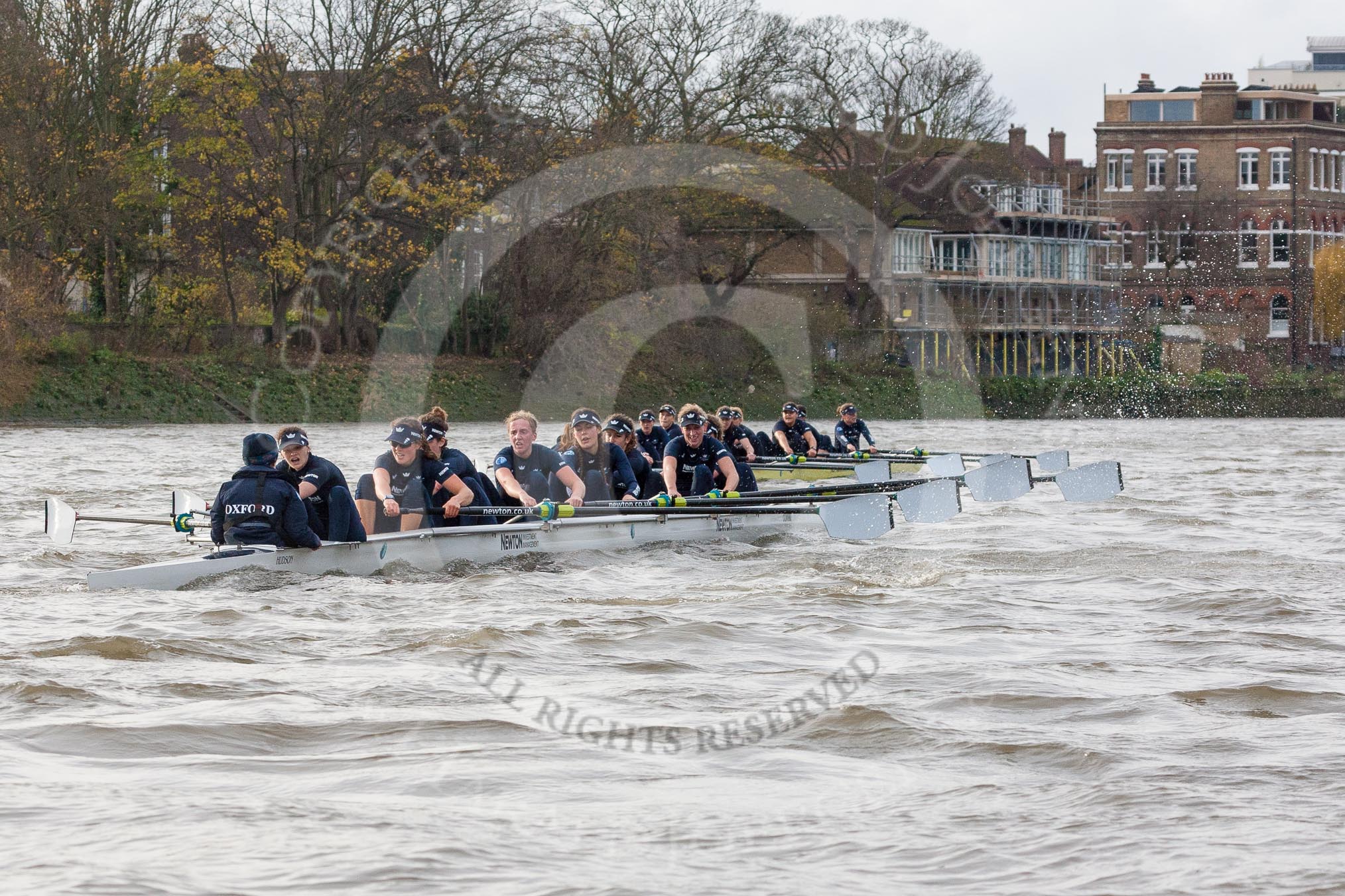 The Boat Race season 2016 - Women's Boat Race Trial Eights (OUWBC, Oxford): "Scylla" and "Charybdis" behind Barnes Railway Bridge, with "Charybdis" in the lead.
River Thames between Putney Bridge and Mortlake,
London SW15,

United Kingdom,
on 10 December 2015 at 12:35, image #302