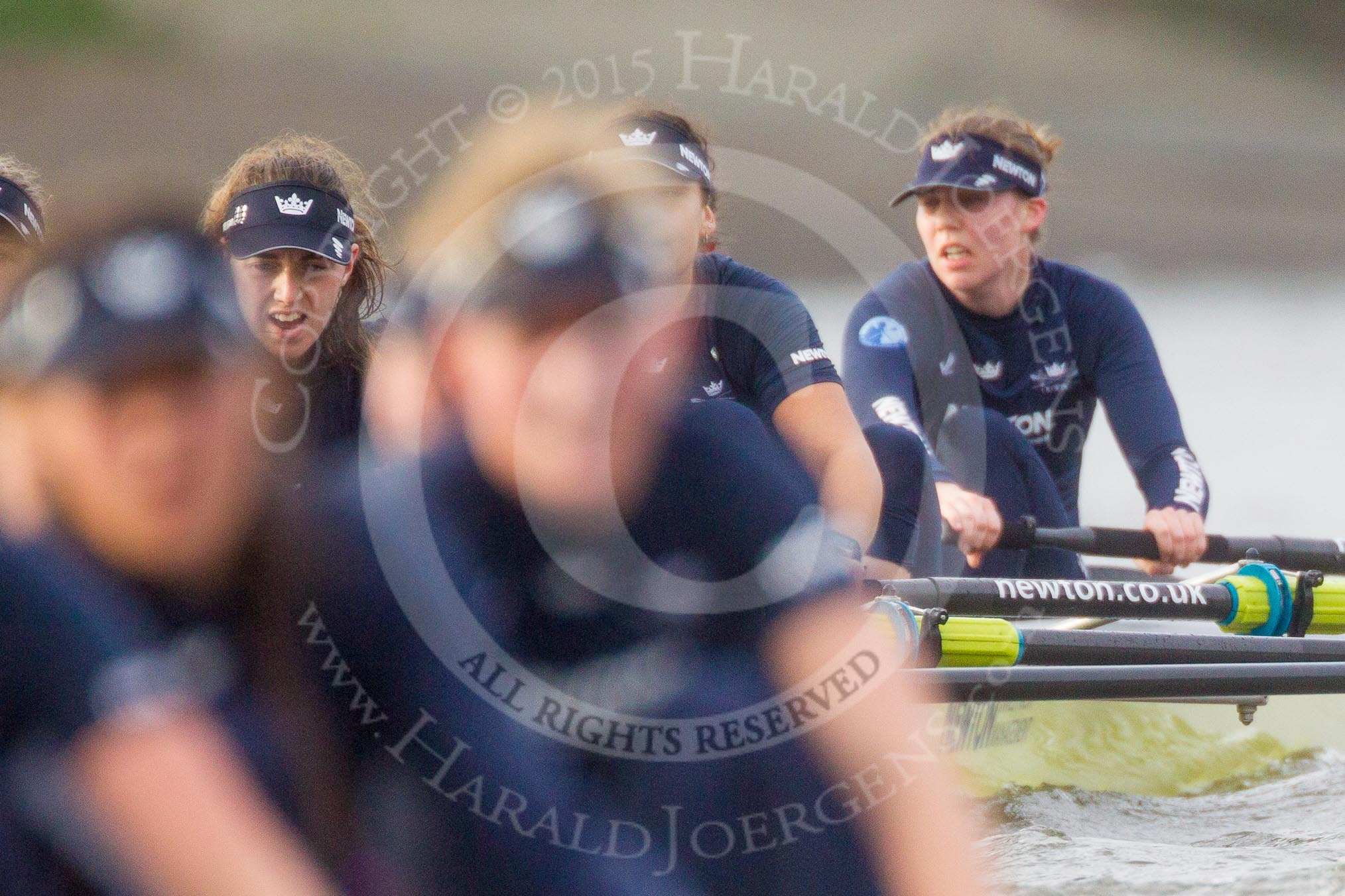 The Boat Race season 2016 - Women's Boat Race Trial Eights (OUWBC, Oxford): "Charybdis", here 4-Emma Spruce, 3-Lara Pysden, 2-Christina Fleischer seen behind "Scylla".
River Thames between Putney Bridge and Mortlake,
London SW15,

United Kingdom,
on 10 December 2015 at 12:36, image #313