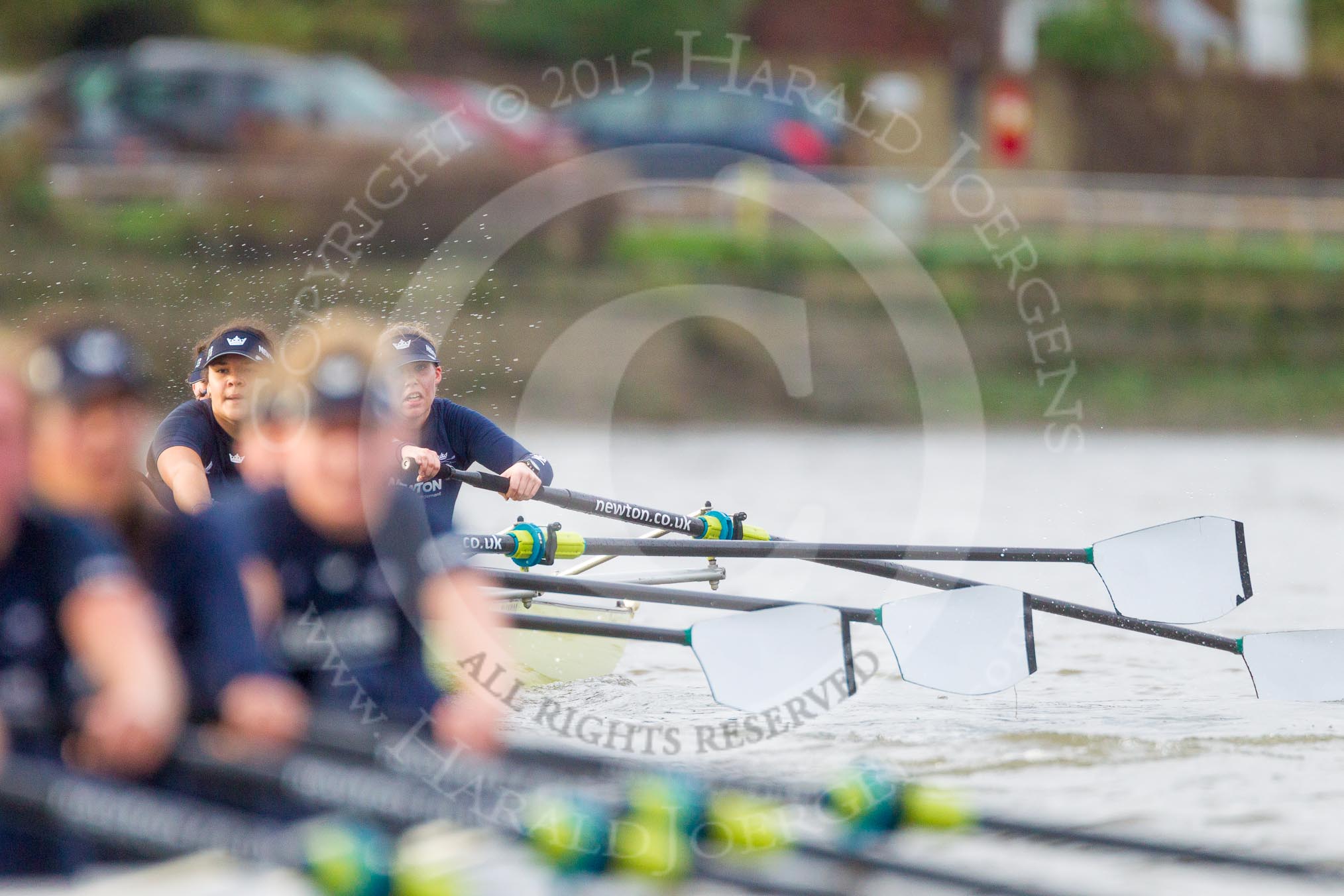 The Boat Race season 2016 - Women's Boat Race Trial Eights (OUWBC, Oxford): "Charybdis", 3-Lara Pysden, 2-Christina Fleischer, bow-Georgie Daniell seen behind "Scylla".
River Thames between Putney Bridge and Mortlake,
London SW15,

United Kingdom,
on 10 December 2015 at 12:36, image #317