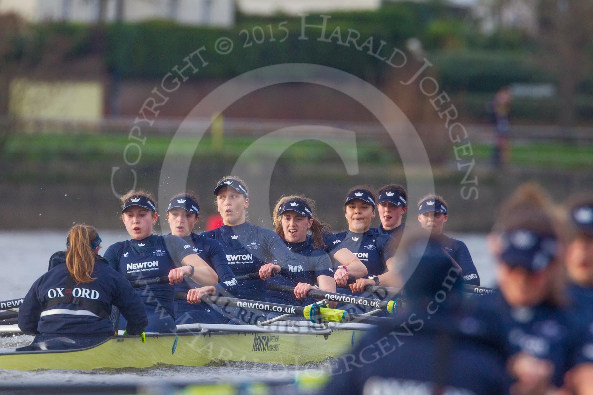 The Boat Race season 2016 - Women's Boat Race Trial Eights (OUWBC, Oxford): "Charybdis", cox-Morgan Baynham-Williams, stroke-Kate Erickson, 7-Maddy Badcott, 6-Elo Luik, 5-Ruth Siddorn, 4-Emma Spruce, 3-Lara Pysden, 2-Christina Fleischer, bow-Georgie Daniell  
 seen behind "Scylla".
River Thames between Putney Bridge and Mortlake,
London SW15,

United Kingdom,
on 10 December 2015 at 12:37, image #323