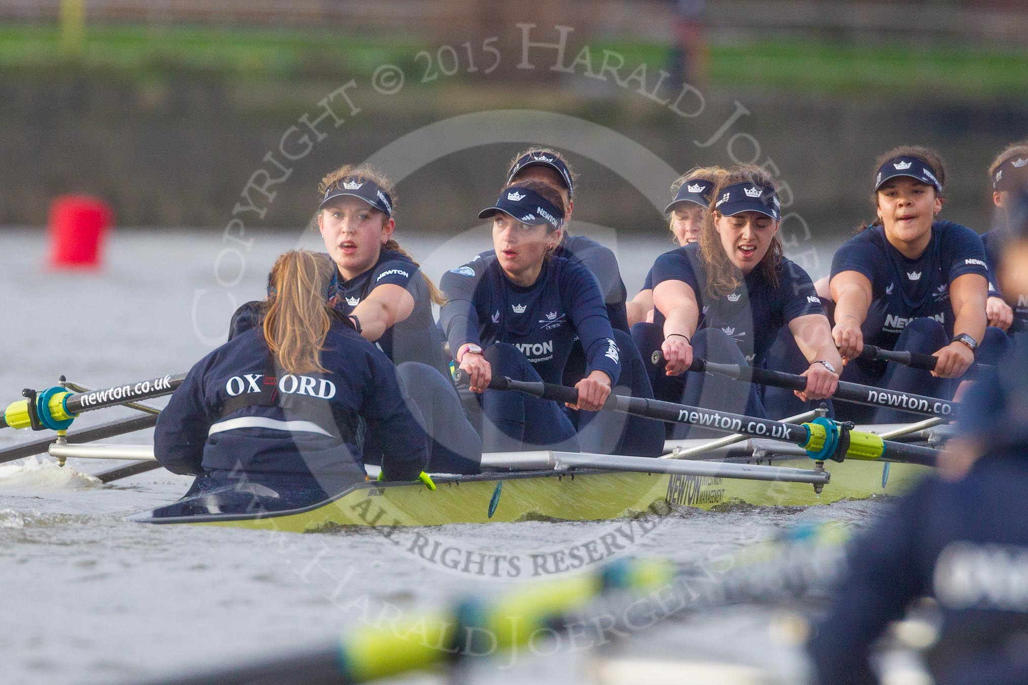 The Boat Race season 2016 - Women's Boat Race Trial Eights (OUWBC, Oxford): "Charybdis", cox-Morgan Baynham-Williams, stroke-Kate Erickson, 7-Maddy Badcott, 6-Elo Luik, 5-Ruth Siddorn, 4-Emma Spruce, 3-Lara Pysden, 2-Christina Fleischer, bow-Georgie Daniell  
 seen behind "Scylla".
River Thames between Putney Bridge and Mortlake,
London SW15,

United Kingdom,
on 10 December 2015 at 12:37, image #325