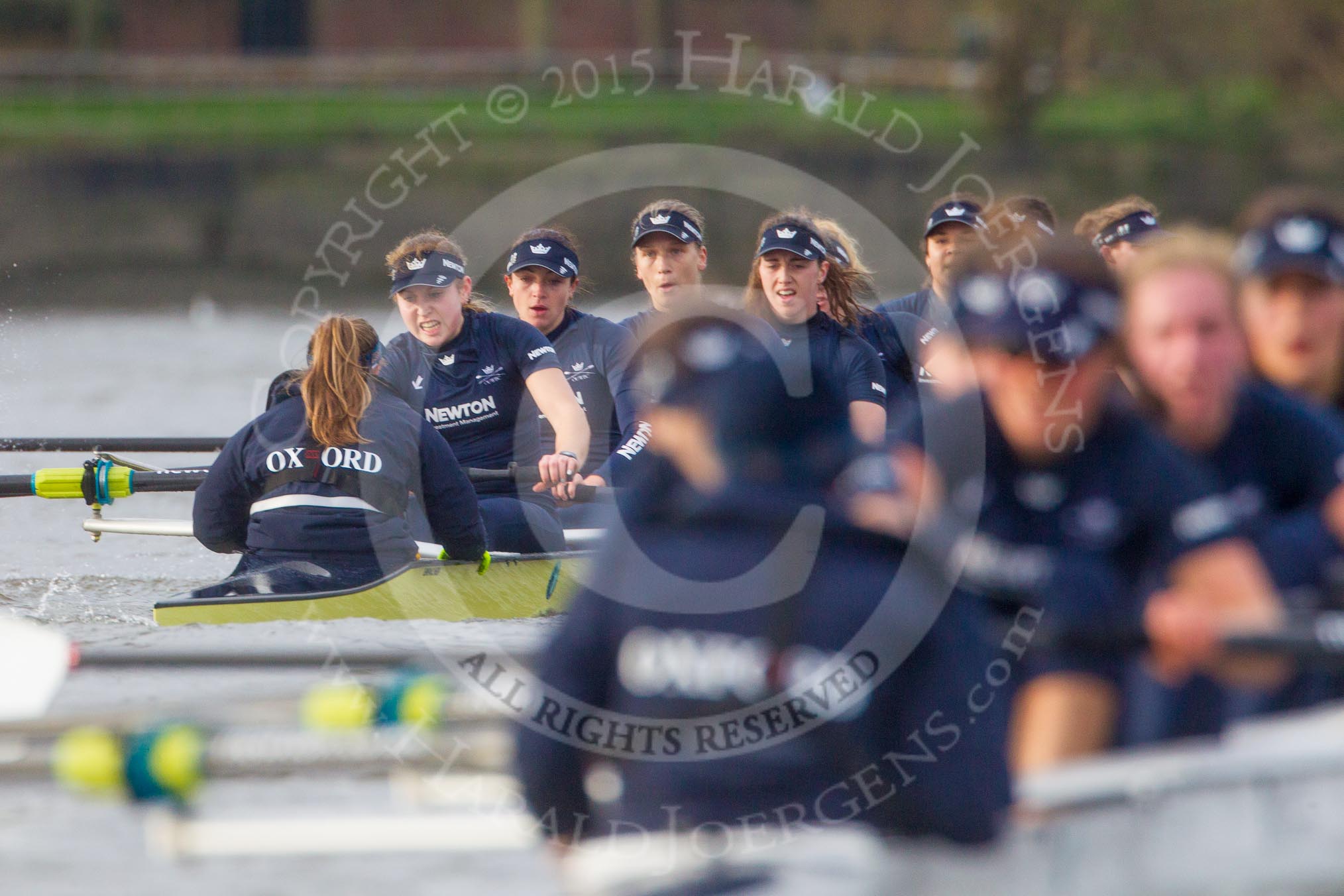 The Boat Race season 2016 - Women's Boat Race Trial Eights (OUWBC, Oxford): "Charybdis", cox-Morgan Baynham-Williams, stroke-Kate Erickson, 7-Maddy Badcott, 6-Elo Luik, 5-Ruth Siddorn, 4-Emma Spruce, 3-Lara Pysden, 2-Christina Fleischer, bow-Georgie Daniell  
 seen behind "Scylla".
River Thames between Putney Bridge and Mortlake,
London SW15,

United Kingdom,
on 10 December 2015 at 12:37, image #326