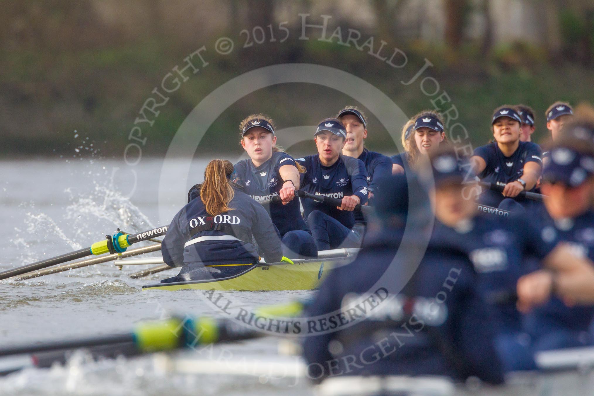 The Boat Race season 2016 - Women's Boat Race Trial Eights (OUWBC, Oxford): "Charybdis", cox-Morgan Baynham-Williams, stroke-Kate Erickson, 7-Maddy Badcott, 6-Elo Luik, 5-Ruth Siddorn, 4-Emma Spruce, 3-Lara Pysden, 2-Christina Fleischer, bow-Georgie Daniell  
 seen behind "Scylla".
River Thames between Putney Bridge and Mortlake,
London SW15,

United Kingdom,
on 10 December 2015 at 12:37, image #329