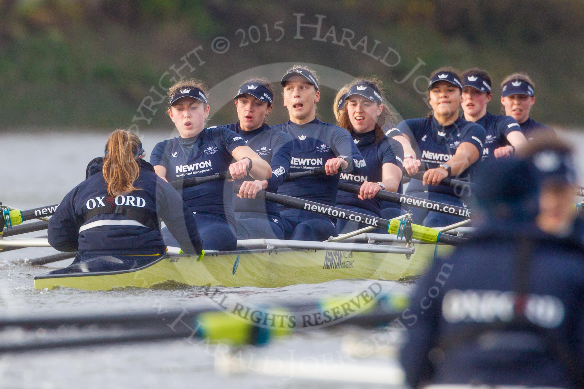 The Boat Race season 2016 - Women's Boat Race Trial Eights (OUWBC, Oxford): "Charybdis", cox-Morgan Baynham-Williams, stroke-Kate Erickson, 7-Maddy Badcott, 6-Elo Luik, 5-Ruth Siddorn, 4-Emma Spruce, 3-Lara Pysden, 2-Christina Fleischer, bow-Georgie Daniell  
 seen behind "Scylla".
River Thames between Putney Bridge and Mortlake,
London SW15,

United Kingdom,
on 10 December 2015 at 12:37, image #331