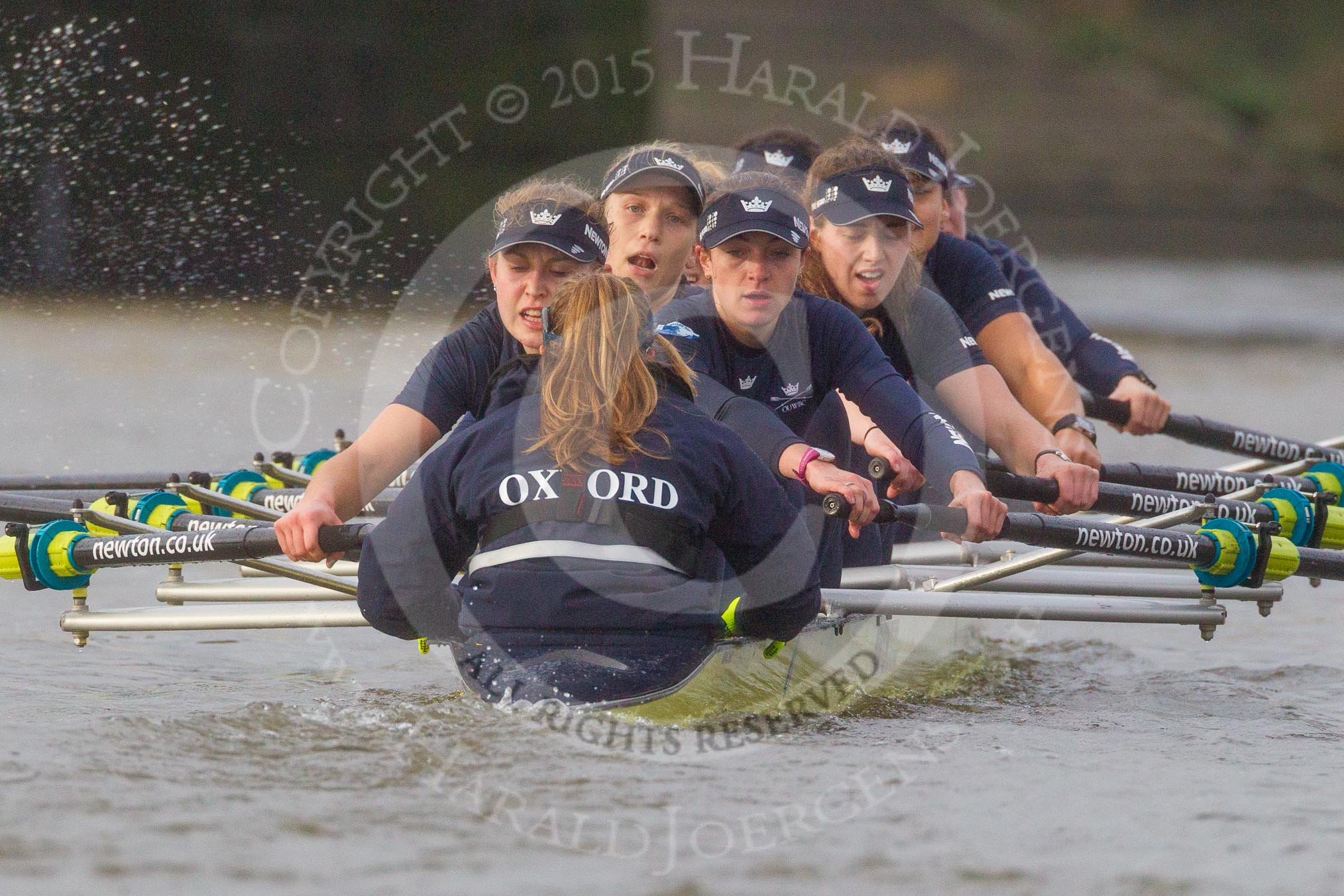 The Boat Race season 2016 - Women's Boat Race Trial Eights (OUWBC, Oxford): "Charybdis", cox-Morgan Baynham-Williams, stroke-Kate Erickson, 7-Maddy Badcott, 6-Elo Luik, 5-Ruth Siddorn, 4-Emma Spruce, 3-Lara Pysden, 2-Christina Fleischer, bow-Georgie Daniell  
 approaching the finish.
River Thames between Putney Bridge and Mortlake,
London SW15,

United Kingdom,
on 10 December 2015 at 12:37, image #338