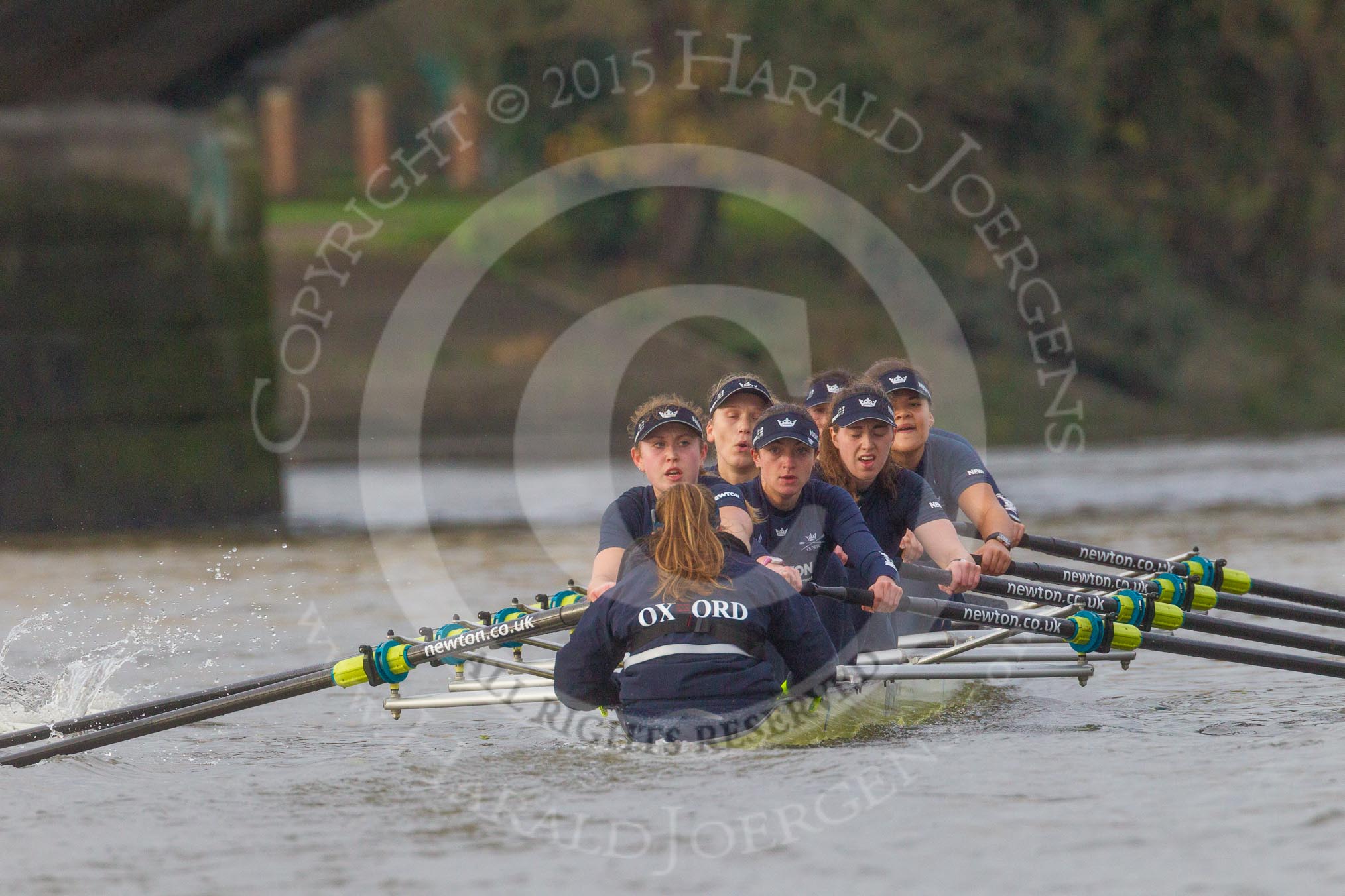 The Boat Race season 2016 - Women's Boat Race Trial Eights (OUWBC, Oxford): "Charybdis", cox-Morgan Baynham-Williams, stroke-Kate Erickson, 7-Maddy Badcott, 6-Elo Luik, 5-Ruth Siddorn, 4-Emma Spruce, 3-Lara Pysden, 2-Christina Fleischer, bow-Georgie Daniell  
 approaching the finish.
River Thames between Putney Bridge and Mortlake,
London SW15,

United Kingdom,
on 10 December 2015 at 12:37, image #342