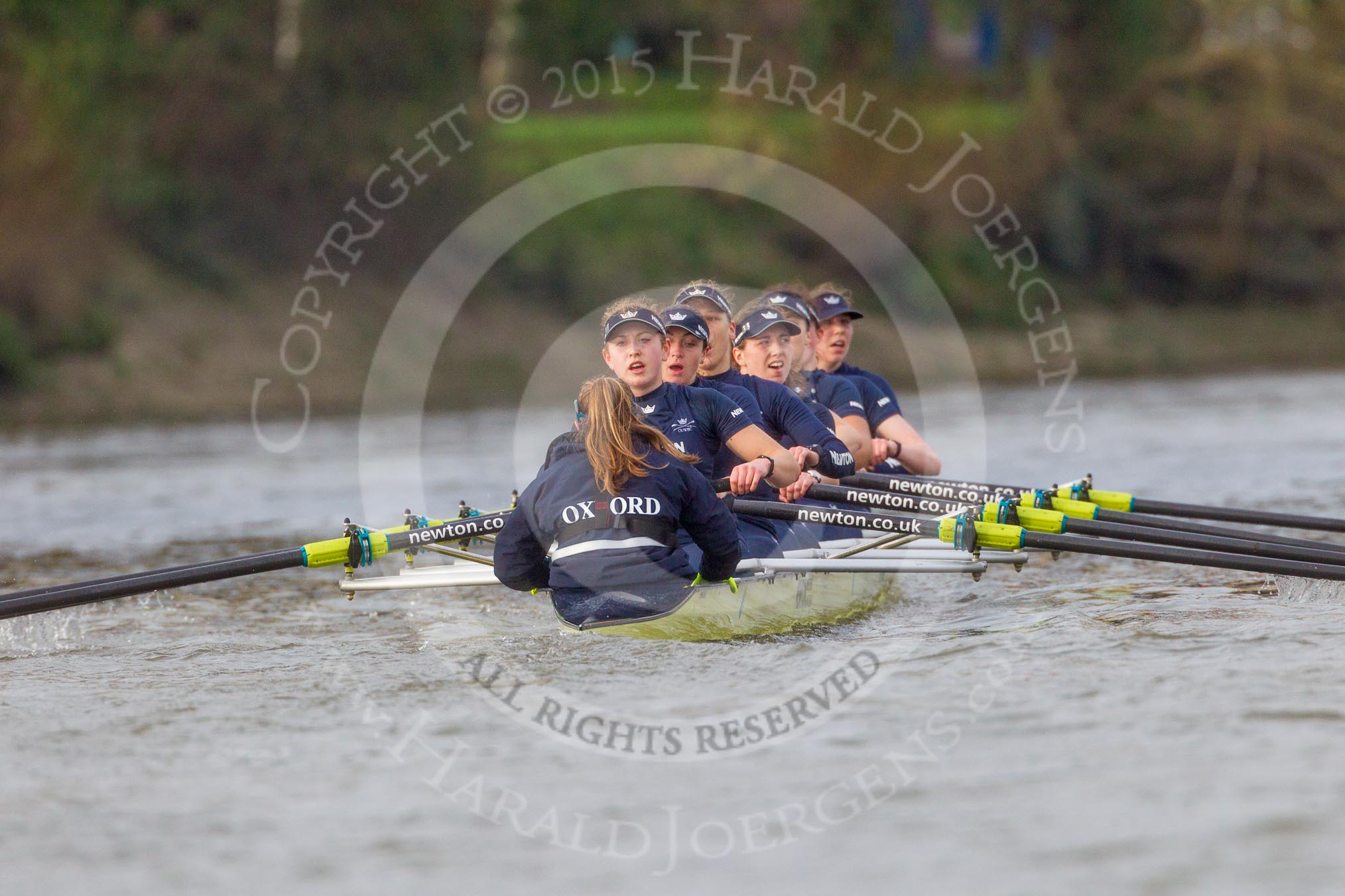 The Boat Race season 2016 - Women's Boat Race Trial Eights (OUWBC, Oxford): "Charybdis", cox-Morgan Baynham-Williams, stroke-Kate Erickson, 7-Maddy Badcott, 6-Elo Luik, 5-Ruth Siddorn, 4-Emma Spruce, 3-Lara Pysden, 2-Christina Fleischer, bow-Georgie Daniell  
immediately after the race.
River Thames between Putney Bridge and Mortlake,
London SW15,

United Kingdom,
on 10 December 2015 at 12:37, image #345