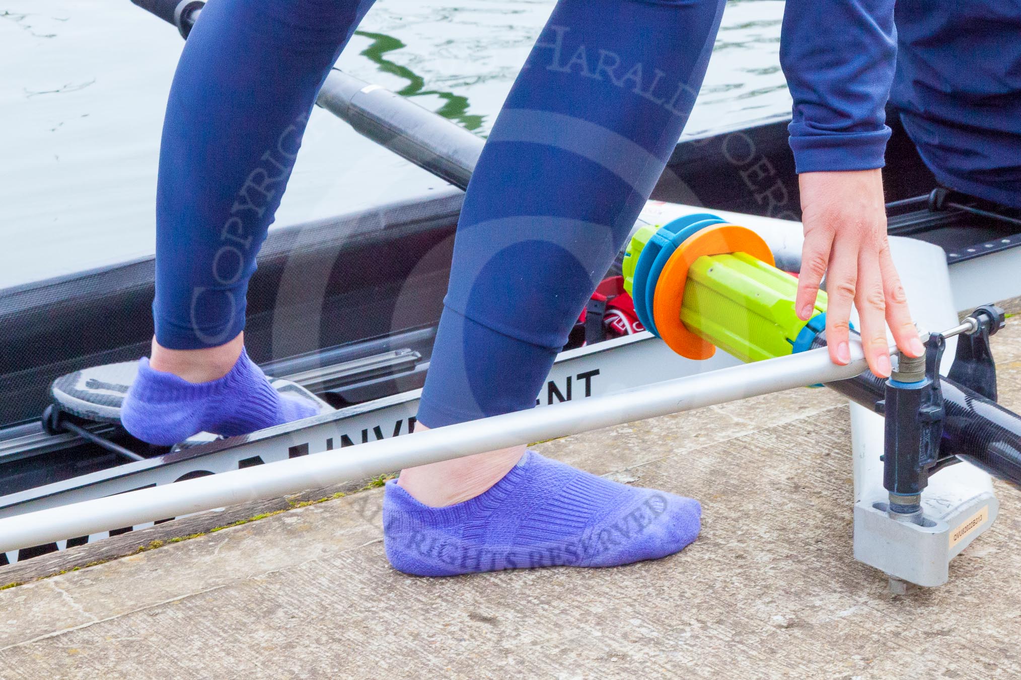 The Boat Race season 2016 - OUWBC training Wallingford: Which Blue are you? Rower's feet before entering the boat.
River Thames,
Wallingford,
Oxfordshire,

on 29 February 2016 at 15:17, image #37