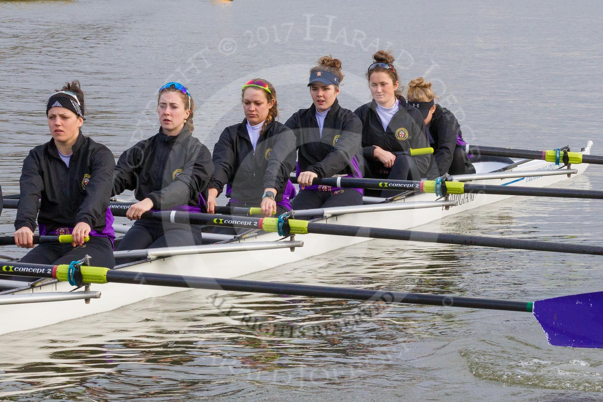 The Boat Race season 2017 - Women's Boat Race Fixture CUWBC vs Univerity of London: The UL boat before the reace, here 6 - Georgia Stratham, 5 - Charlotte Hodgkins-Byrne, 4 - Sara Parfett, 3 - Fionnuala Gannon, 2 - Catherine Ador, bow - Emily Wilks.
River Thames between Putney Bridge and Mortlake,
London SW15,

United Kingdom,
on 19 February 2017 at 15:22, image #16