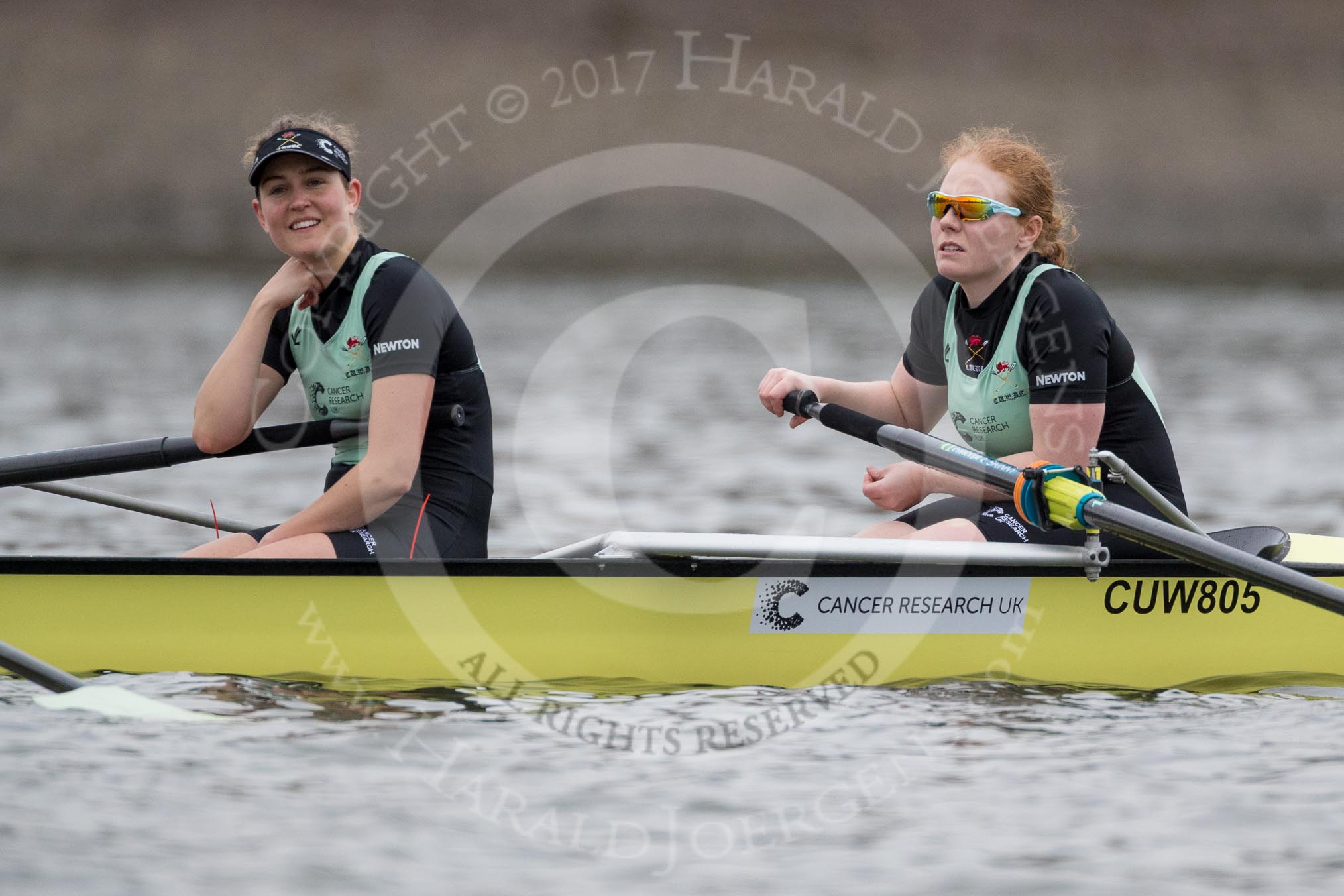 The Boat Race season 2017 - Women's Boat Race Fixture CUWBC vs Univerity of London: The CUWBC eight before the start of the race, here 2 - Kirsten Van Fosen, bow - Claire Lambe.
River Thames between Putney Bridge and Mortlake,
London SW15,

United Kingdom,
on 19 February 2017 at 15:52, image #33