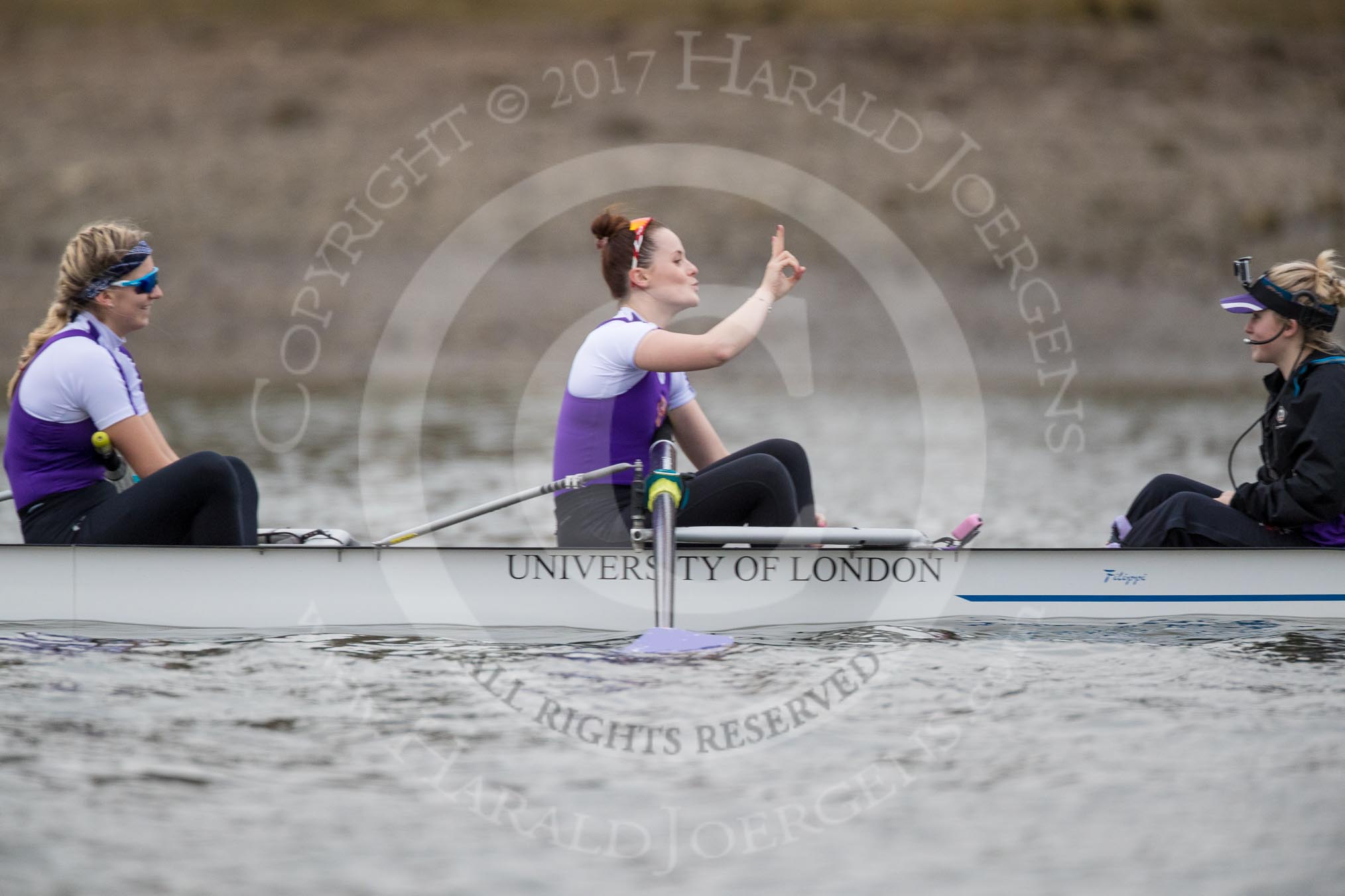 The Boat Race season 2017 - Women's Boat Race Fixture CUWBC vs Univerity of London: The UL eight before the start of the race,  7 - Ally French, stroke - Robyn Hart-Winks, cox - Lauren Holland.
River Thames between Putney Bridge and Mortlake,
London SW15,

United Kingdom,
on 19 February 2017 at 15:57, image #46