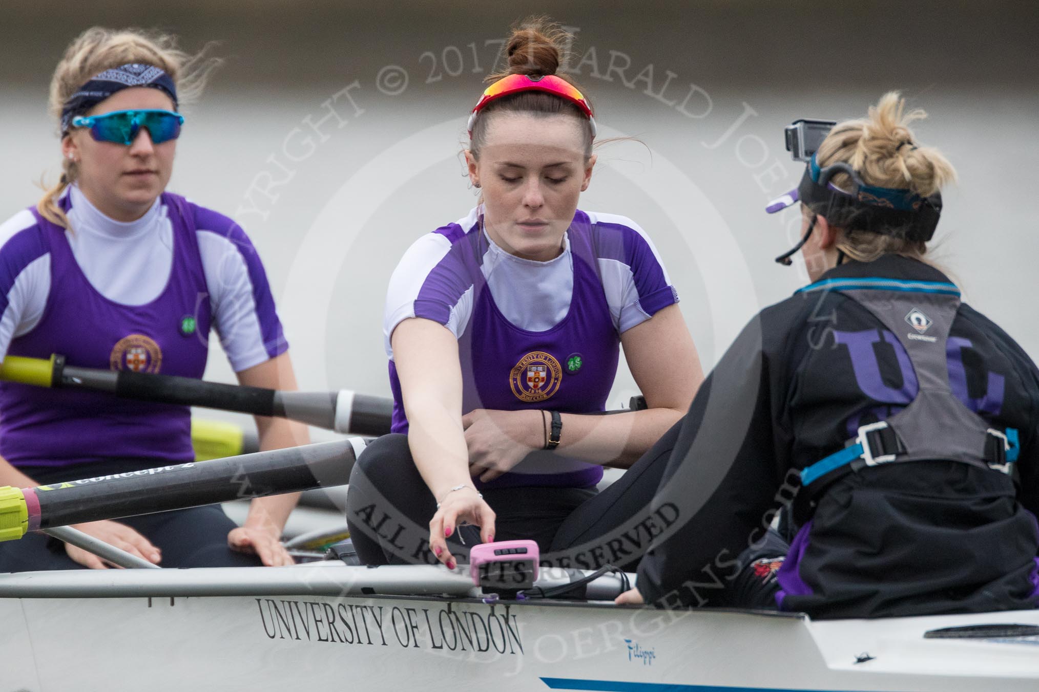 The Boat Race season 2017 - Women's Boat Race Fixture CUWBC vs Univerity of London: The UL eight before the start of the race,  7 - Ally French, stroke - Robyn Hart-Winks, cox - Lauren Holland.
River Thames between Putney Bridge and Mortlake,
London SW15,

United Kingdom,
on 19 February 2017 at 16:00, image #54