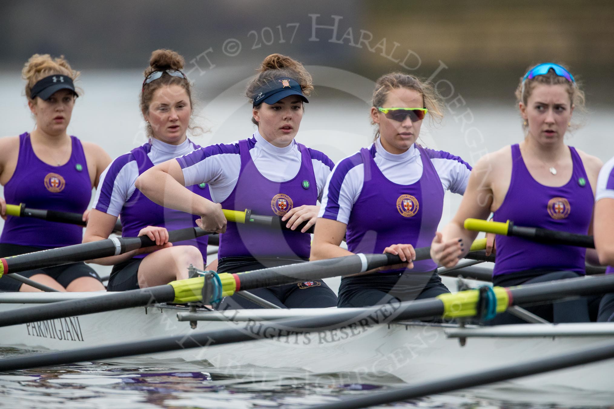 The Boat Race season 2017 - Women's Boat Race Fixture CUWBC vs Univerity of London: The UL eight, here bow - Emily Wilks, 2 - Catherine Ador, 3 - Fionnuala Gannon, 4 - Sara Parfett, 5 - Charlotte Hodgkins-Byrne.
River Thames between Putney Bridge and Mortlake,
London SW15,

United Kingdom,
on 19 February 2017 at 16:00, image #55